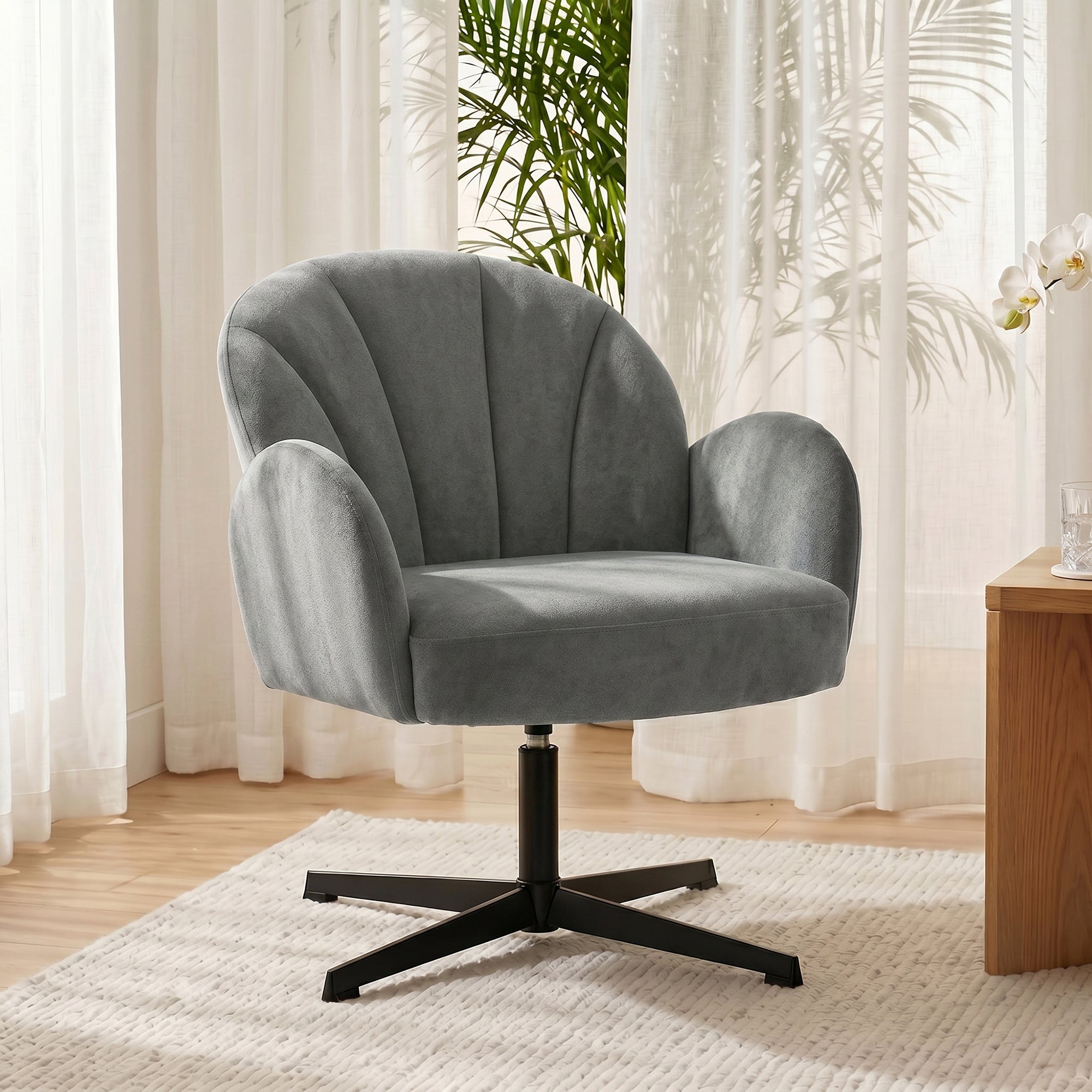 Swivel Accent Chair, Velvet-Feel Fabric Shell-Shaped Armchair with Spring Cushion, Metal Base, Modern Reading Chair for Living Room, Bedroom, Study, Makeup, Grey