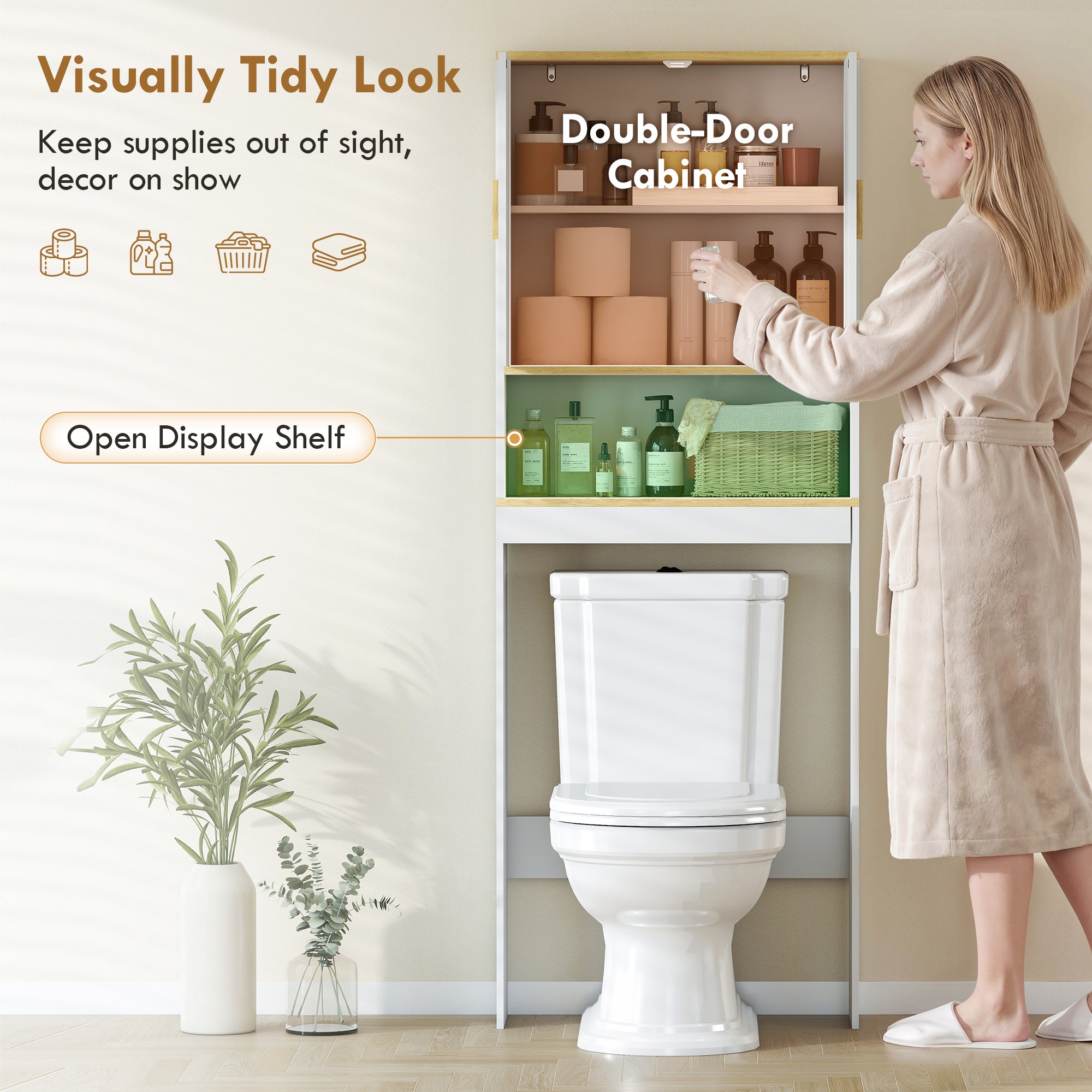 Over the Toilet Storage Shelf, 3-Tier over Toilet Bathroom Organizer Space Saver with Adjustable Shelf, Freestanding for Bathroom, Laundry, White and Oak