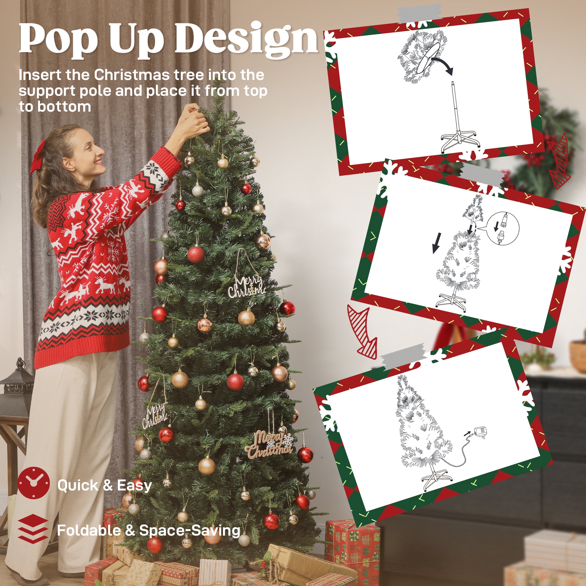 6 ft Prelit Pop Up Christmas Tree with 150 LED Lights, Collapsible Artificial Xmas Tree with Foldable Metal Stand for Home, Office, Holiday Decor, Easy Assembly, Green