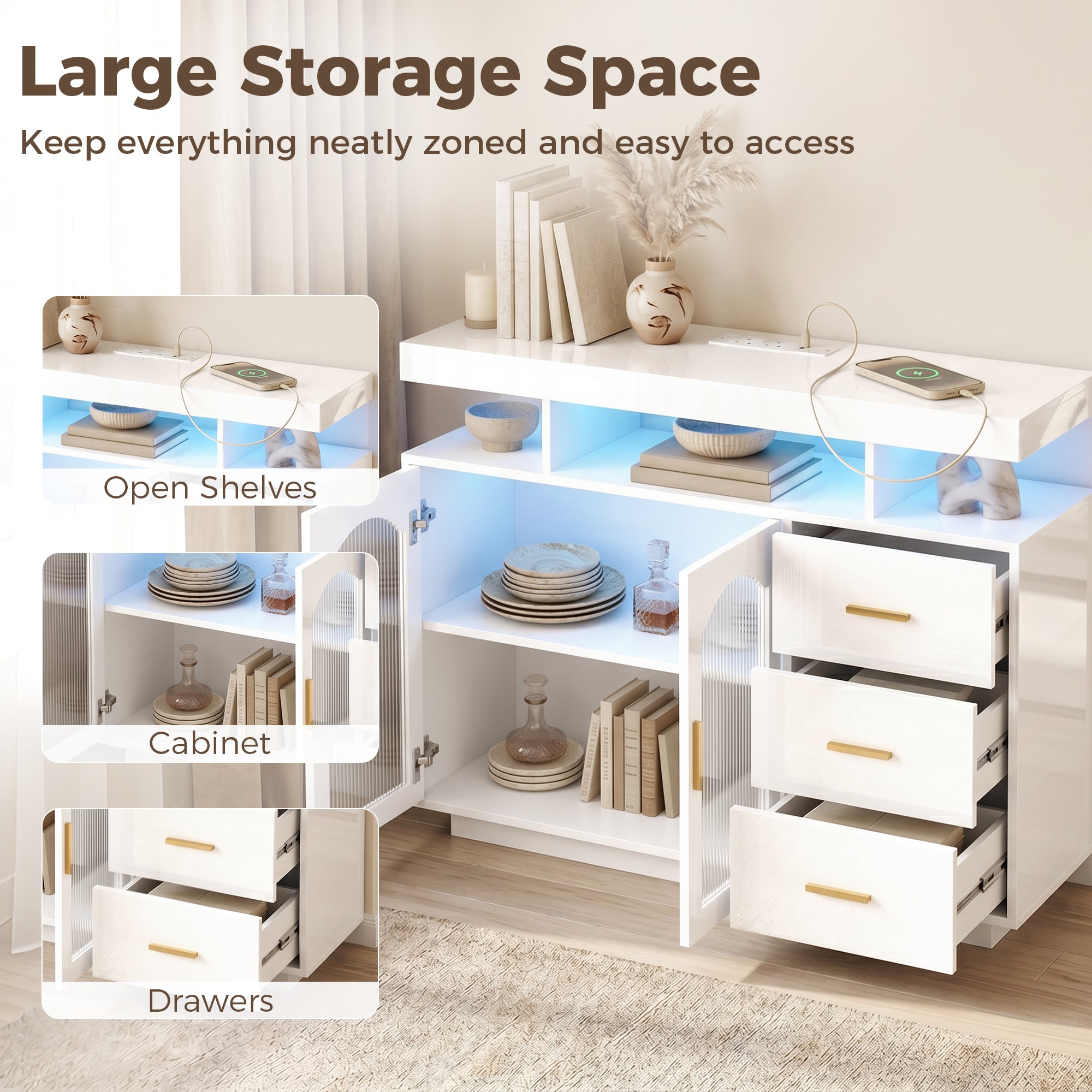 High Gloss Sideboard with LED Lights, Built-in Power Outlets, Modern Storage Cabinet with 3 Drawers, Shelves and 2 Acrylic Doors, Soft-Close TV Stand Unit for 72-Inch TVs, Living Room, White