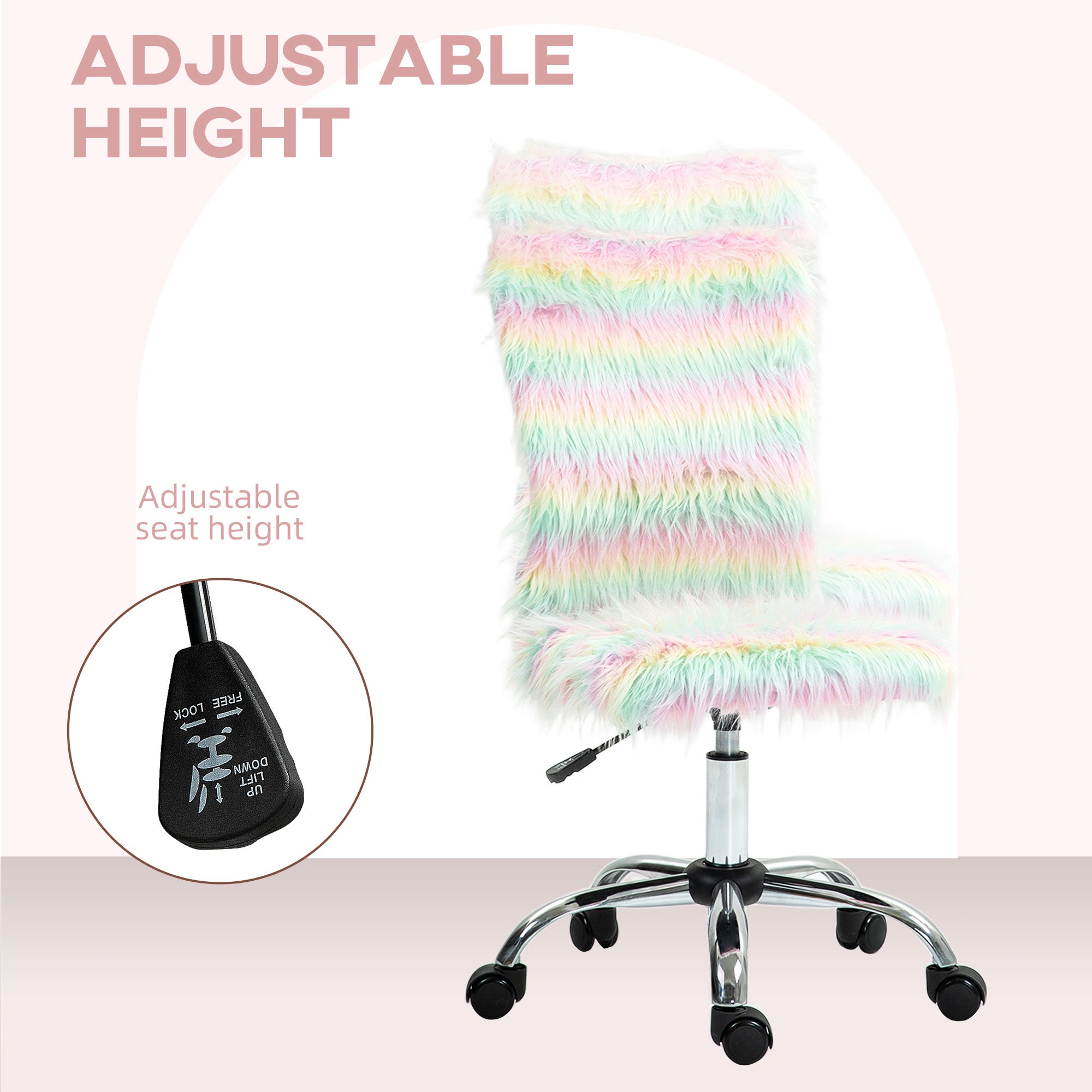 HOMCOM Armless Computer Desk Chair, Fluffy Fabric Swivel Office Chair, Makeup Vanity Chair with Height Adjustable, Wheels, for Home Study Bedroom, Multicolour