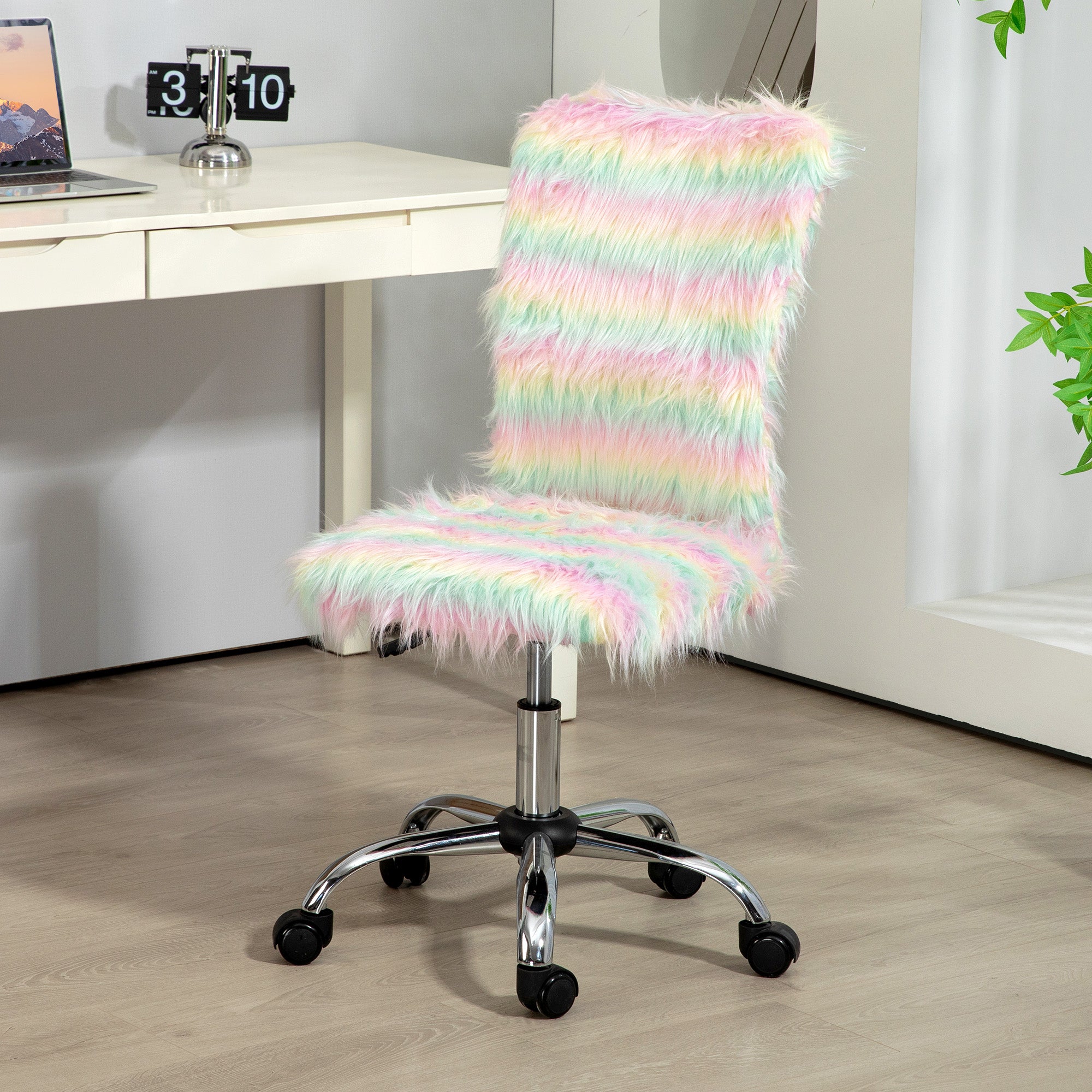 HOMCOM Armless Computer Desk Chair, Fluffy Fabric Swivel Office Chair, Makeup Vanity Chair with Height Adjustable, Wheels, for Home Study Bedroom, Multicolour