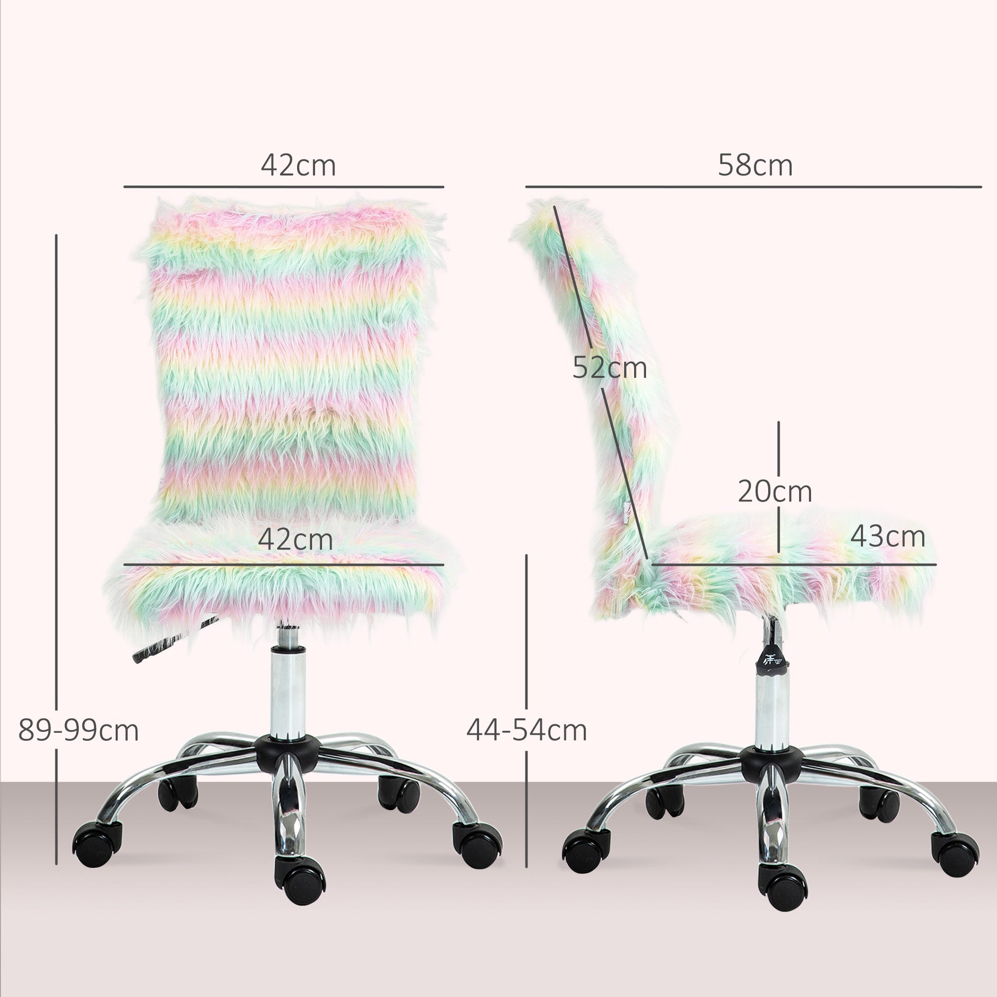 HOMCOM Armless Computer Desk Chair, Fluffy Fabric Swivel Office Chair, Makeup Vanity Chair with Height Adjustable, Wheels, for Home Study Bedroom, Multicolour