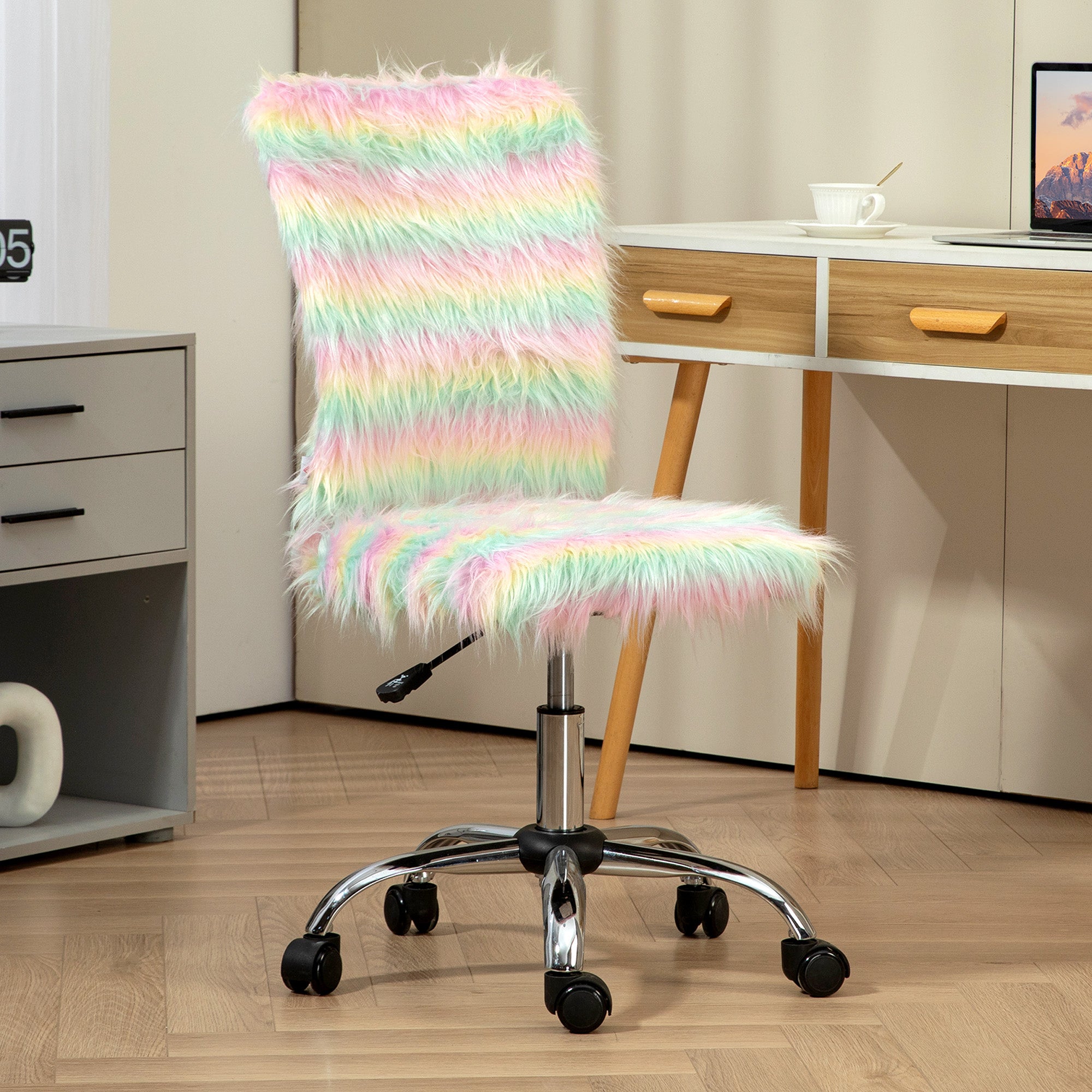 HOMCOM Armless Computer Desk Chair, Fluffy Fabric Swivel Office Chair, Makeup Vanity Chair with Height Adjustable, Wheels, for Home Study Bedroom, Multicolour