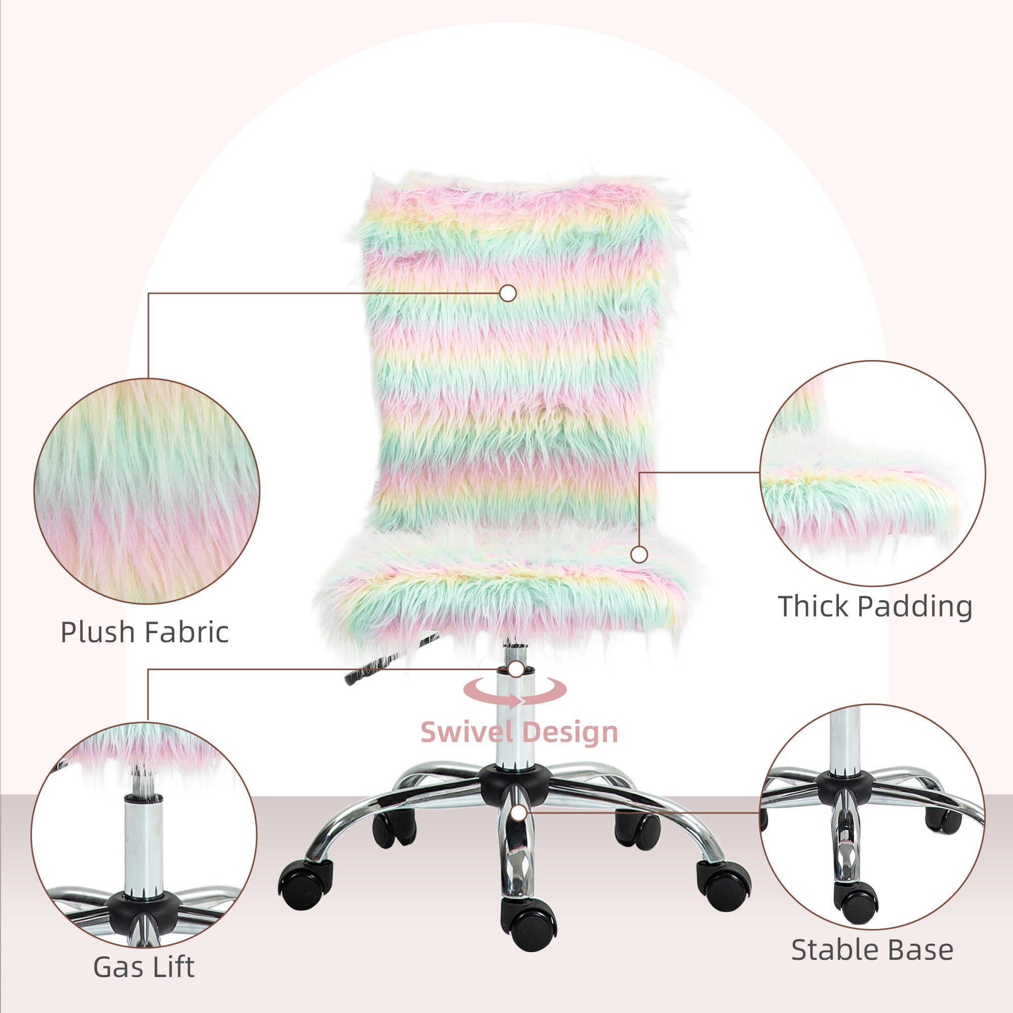 HOMCOM Armless Computer Desk Chair, Fluffy Fabric Swivel Office Chair, Makeup Vanity Chair with Height Adjustable, Wheels, for Home Study Bedroom, Multicolour