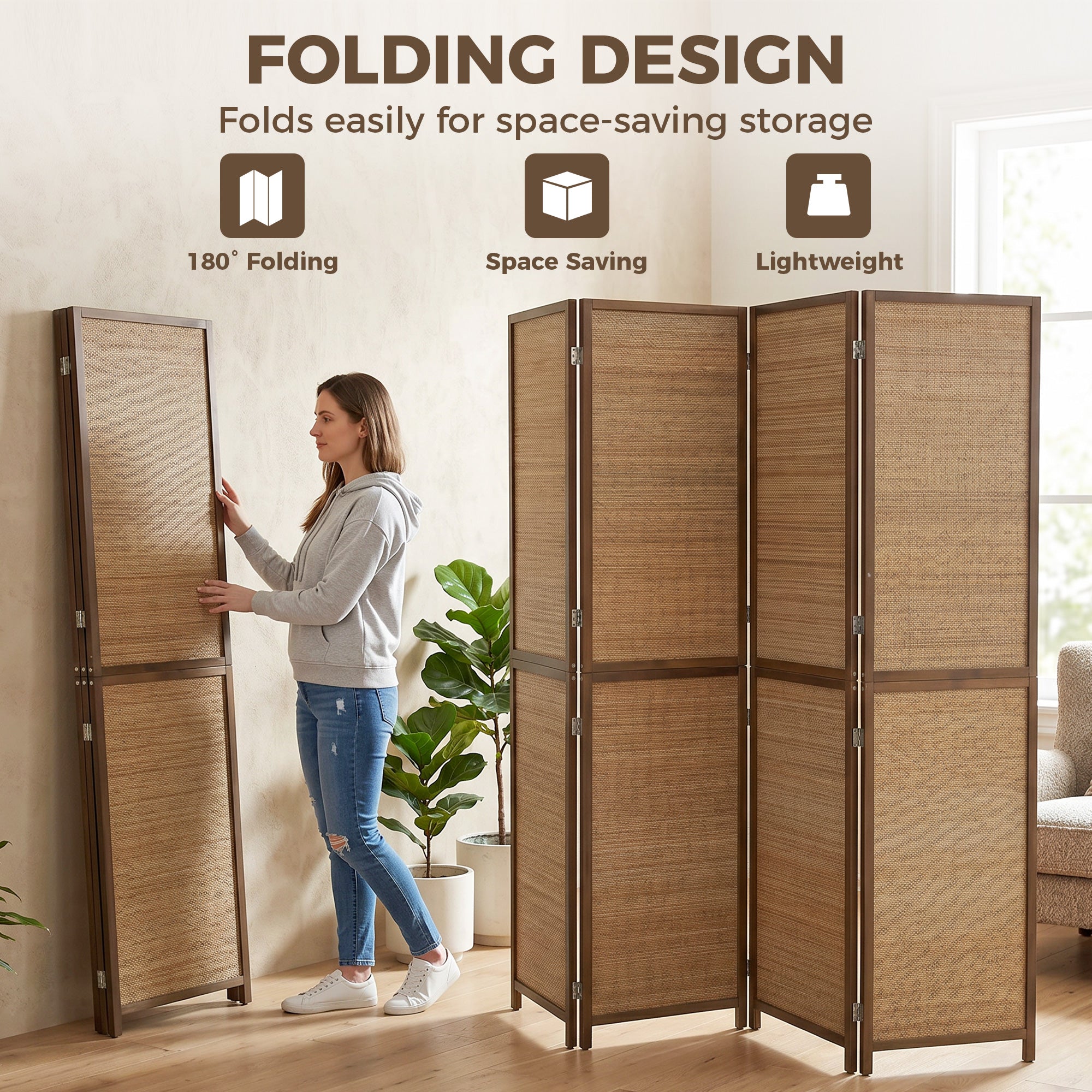 Room Divider, 6 FT Tall Folding Privacy Screen, 4 Panel Hand-Woven Bamboo Wall Partition for Room Separation, Portable Boho Freestanding Wall Divider for Bedroom, Home Office, Brown