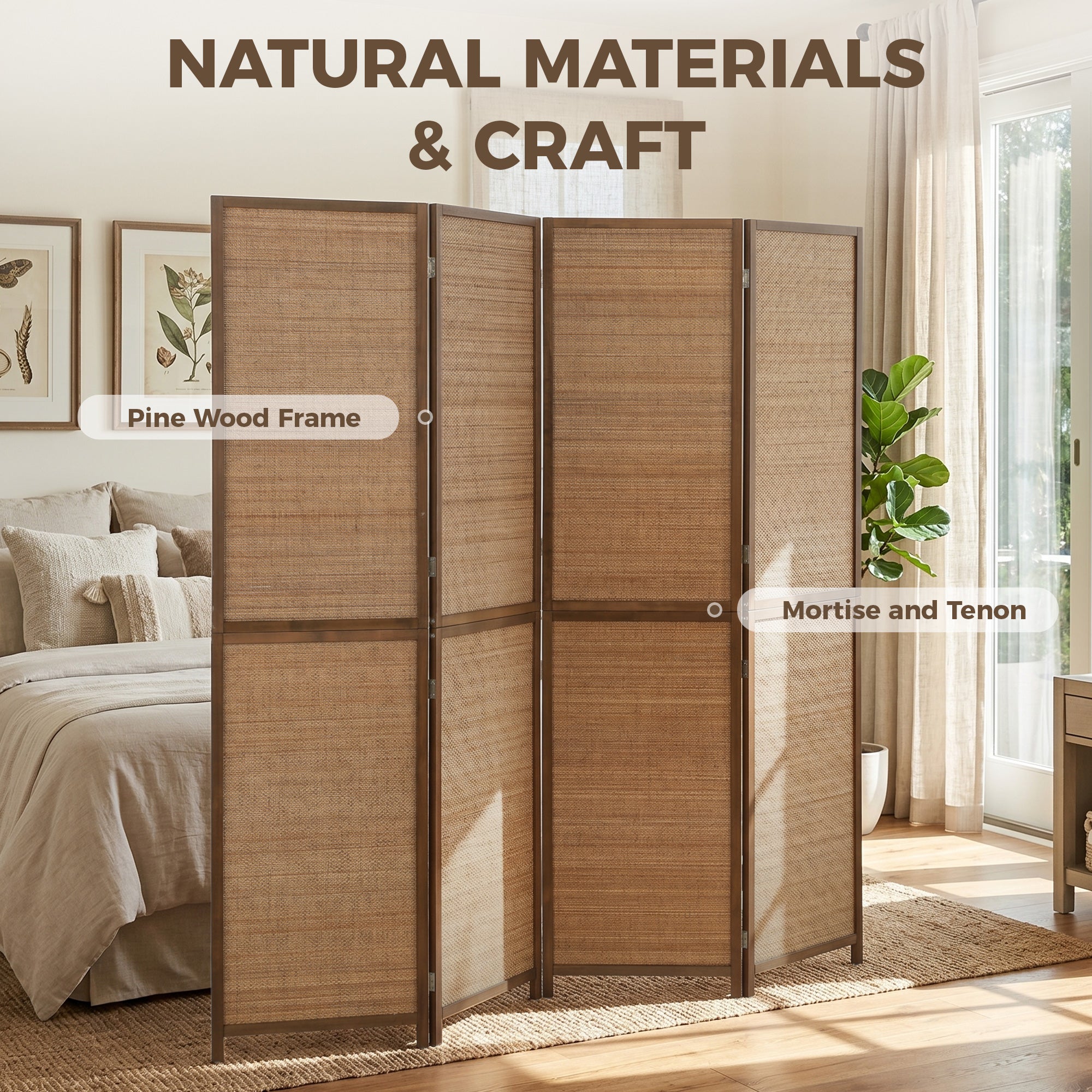 Room Divider, 6 FT Tall Folding Privacy Screen, 4 Panel Hand-Woven Bamboo Wall Partition for Room Separation, Portable Boho Freestanding Wall Divider for Bedroom, Home Office, Brown