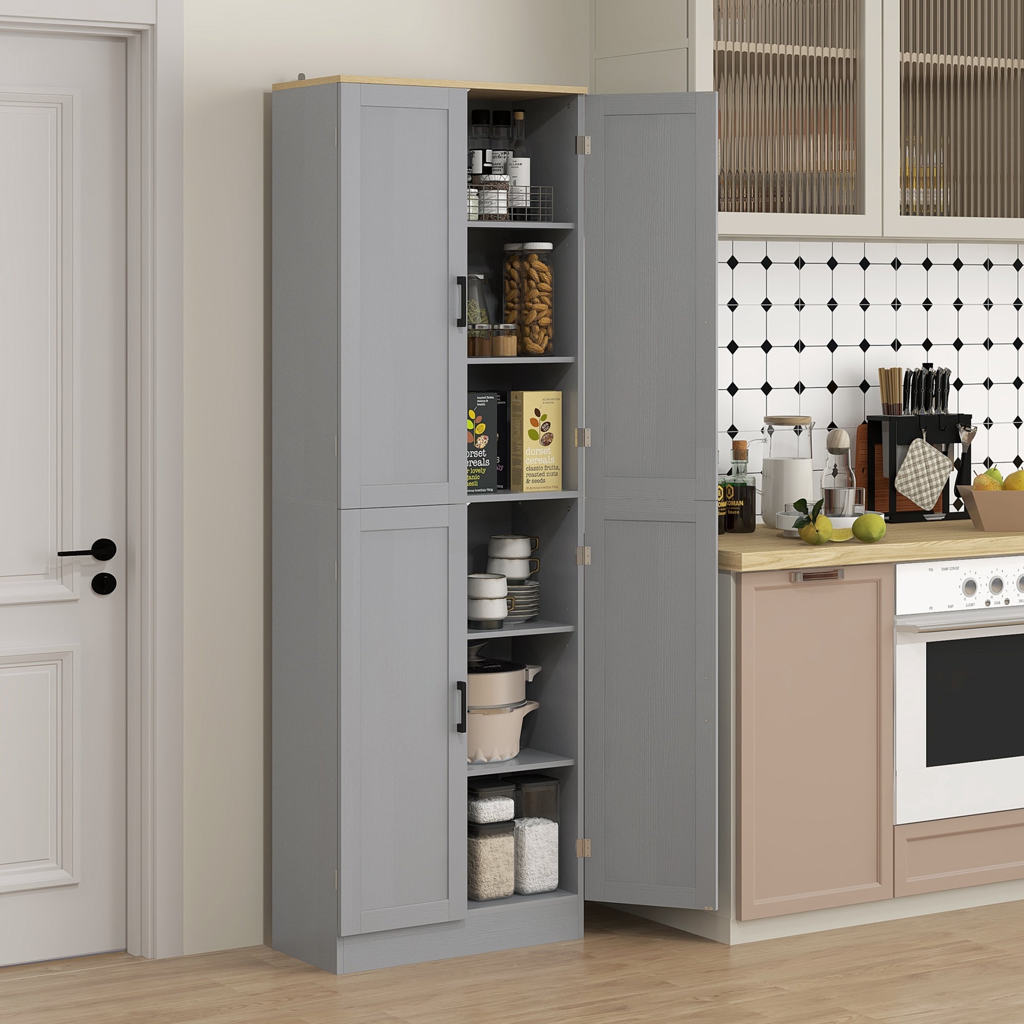 Freestanding Kitchen Pantry 4 Door Cabinet with Adjustable Shelves Distressed Gray - HOMCOM