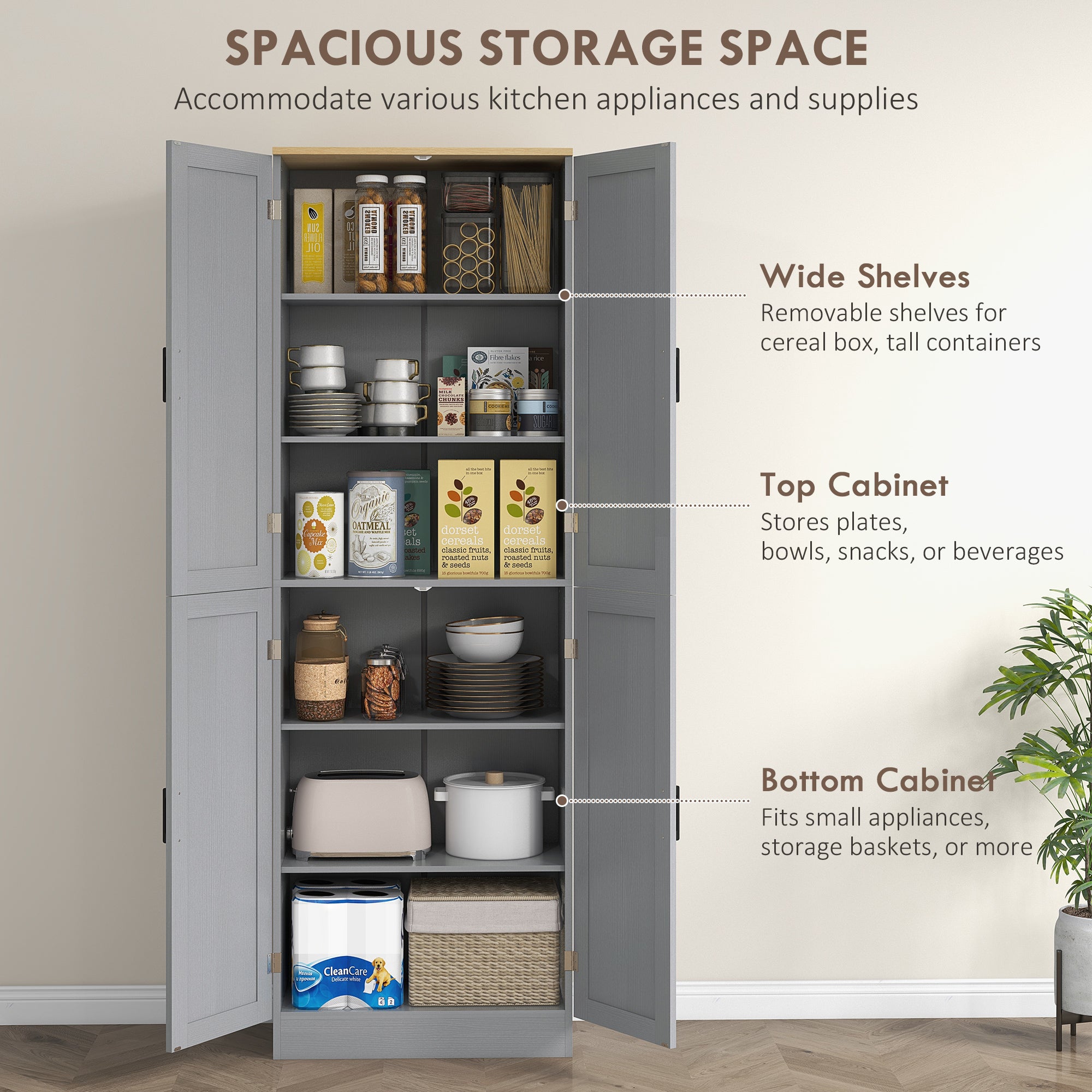 Freestanding Kitchen Pantry 4 Door Cabinet with Adjustable Shelves Distressed Gray - HOMCOM
