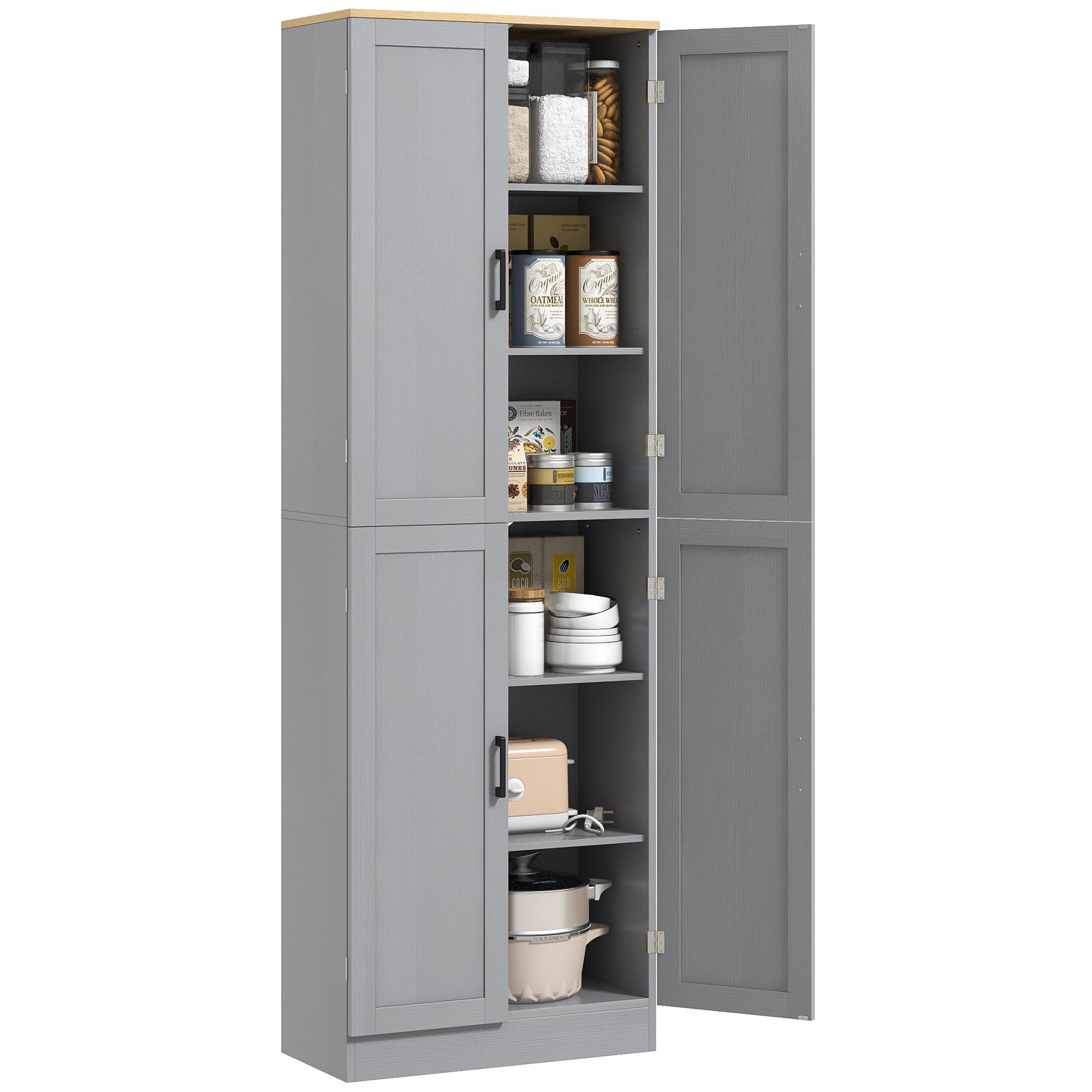 Freestanding Kitchen Pantry 4 Door Cabinet with Adjustable Shelves Distressed Gray - HOMCOM