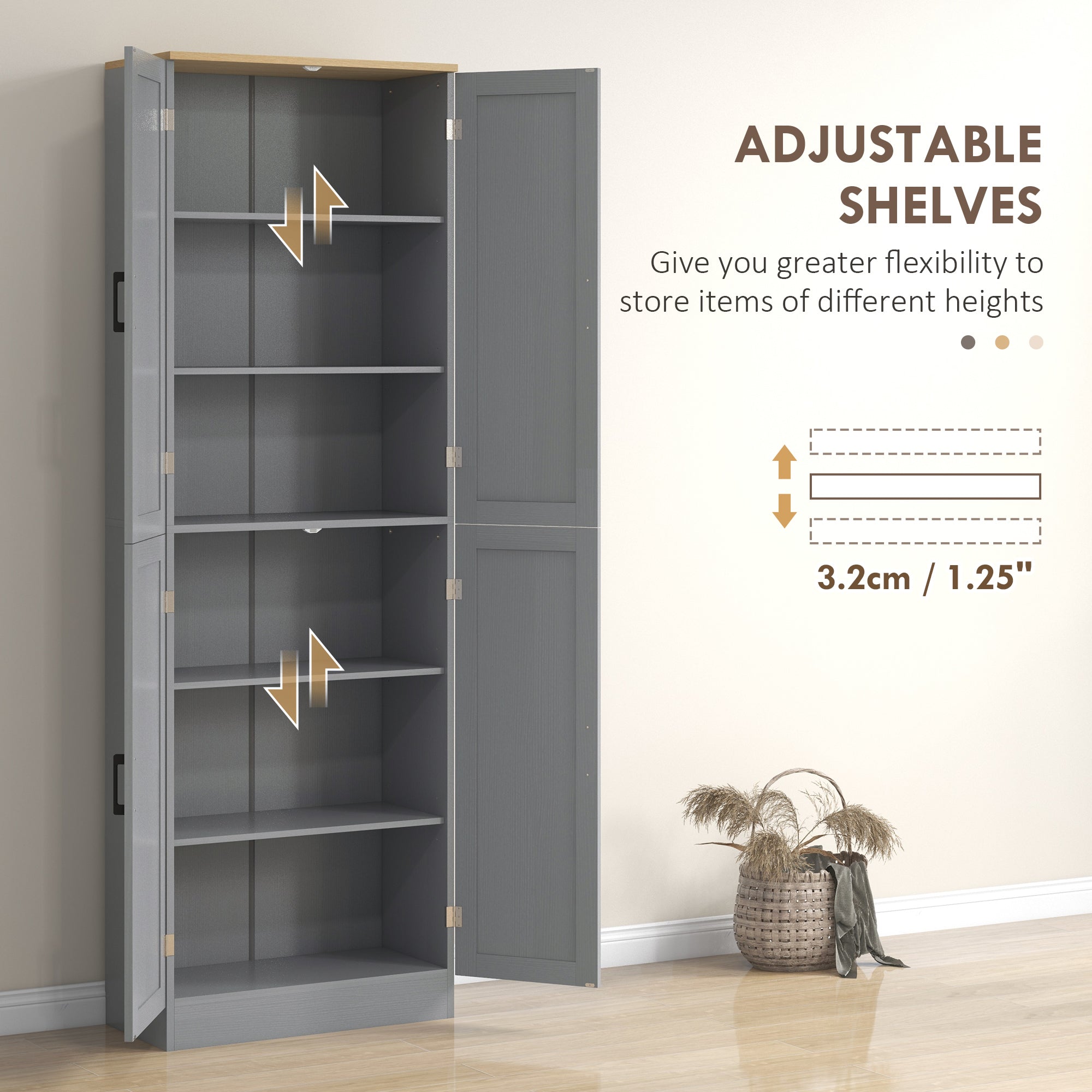 Freestanding Kitchen Pantry 4 Door Cabinet with Adjustable Shelves Distressed Gray - HOMCOM