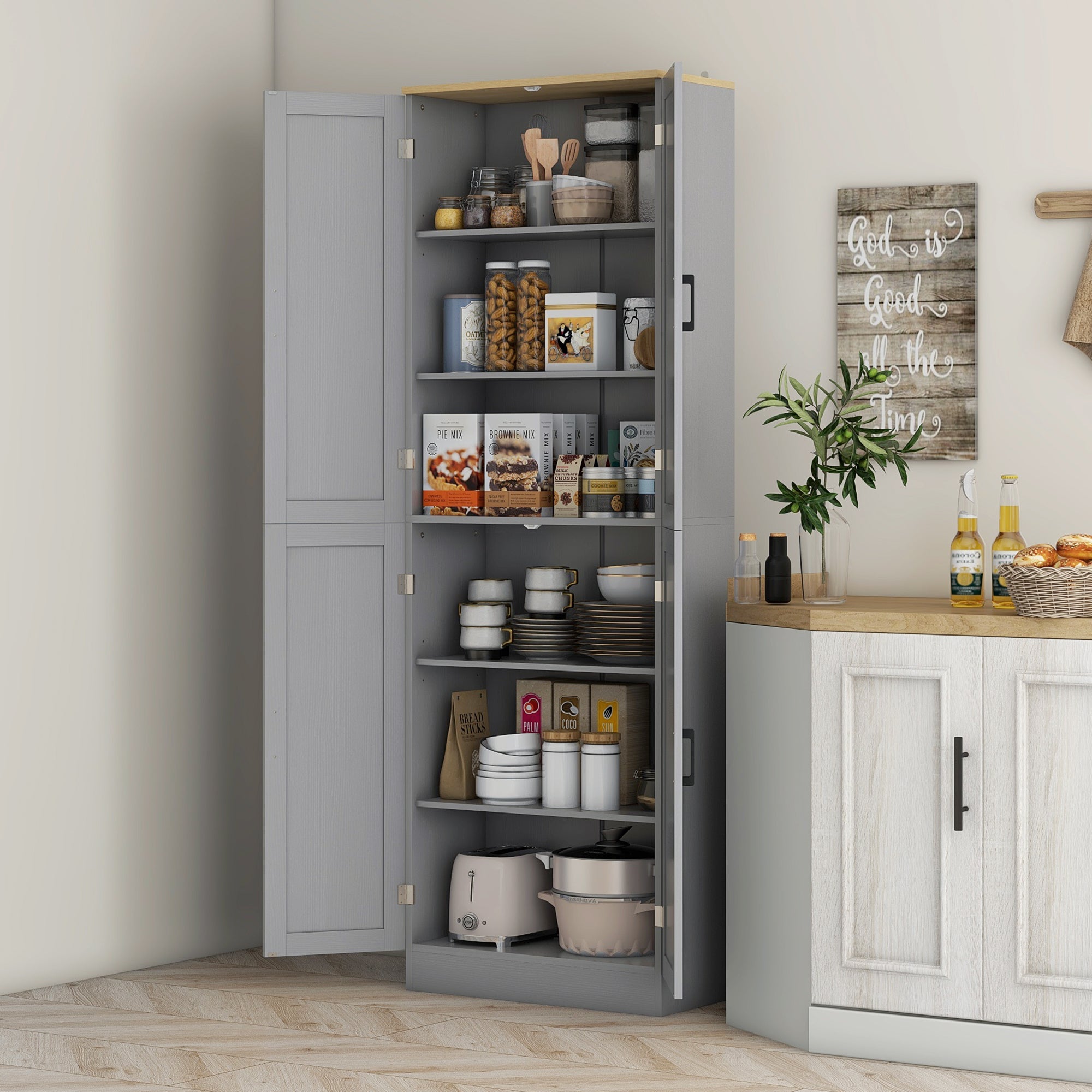 Freestanding Kitchen Pantry 4 Door Cabinet with Adjustable Shelves Distressed Gray - HOMCOM