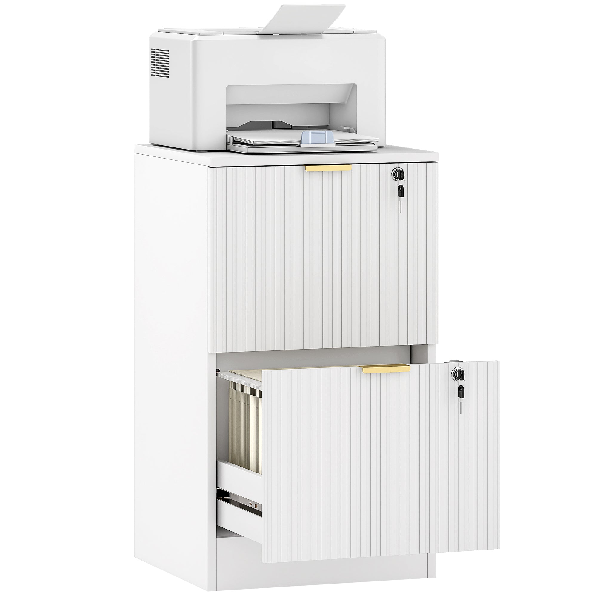 2 Drawer Filing Cabinet, Fluted Vertical File Cabinet with Lock and Adjustable Hanging Rails for A4 and Letter Size Files, Printer Stand with Storage, White