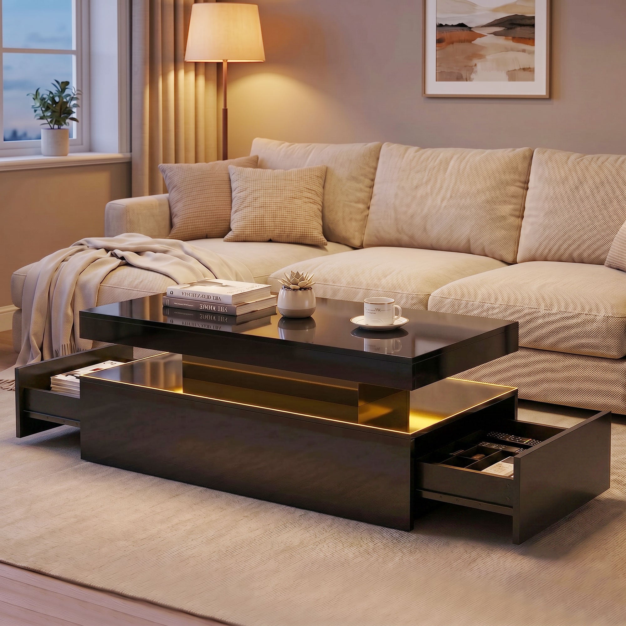 LED Coffee Table with Storage, 2-Tier Modern Rectangular Center Table with 2 Drawers and Open Compartment for Living Room, High Gloss Black