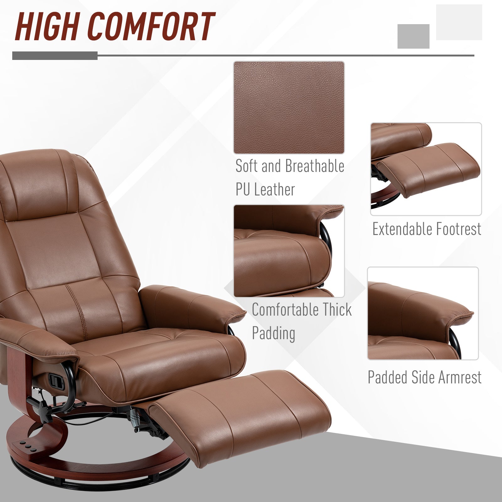 Faux Leather Recliner Chair, Swivel Recliner w/ Footrest, Armrest & Wood Base, Brown