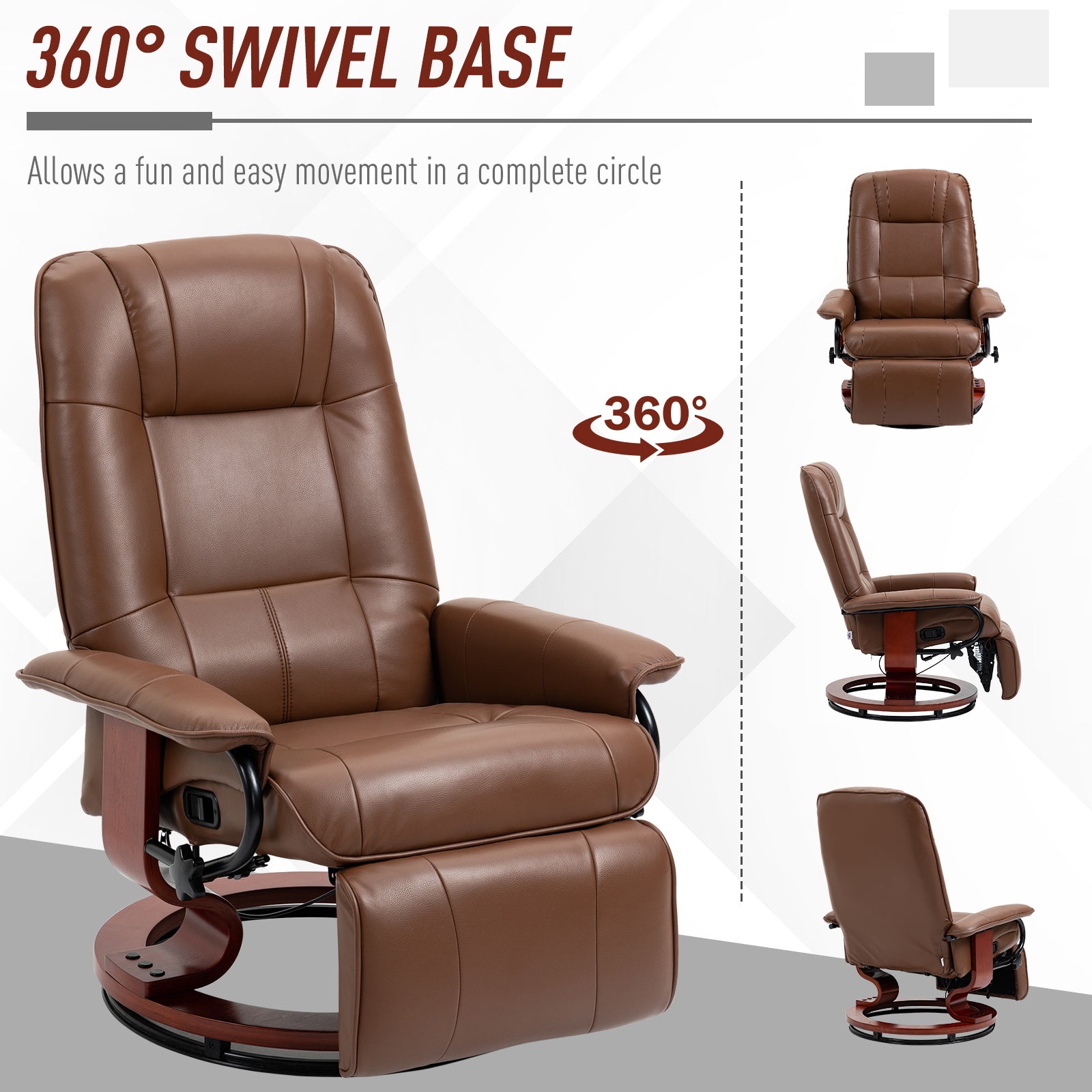 Faux Leather Recliner Chair, Swivel Recliner w/ Footrest, Armrest & Wood Base, Brown