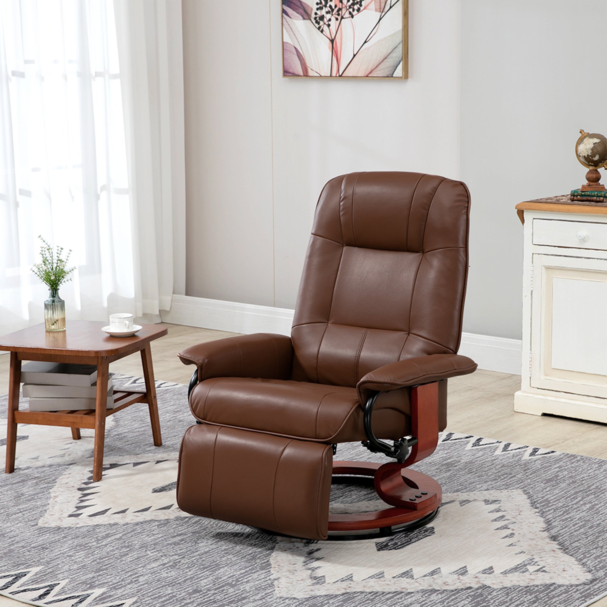 Faux Leather Recliner Chair, Swivel Recliner w/ Footrest, Armrest & Wood Base, Brown - HOMCOM