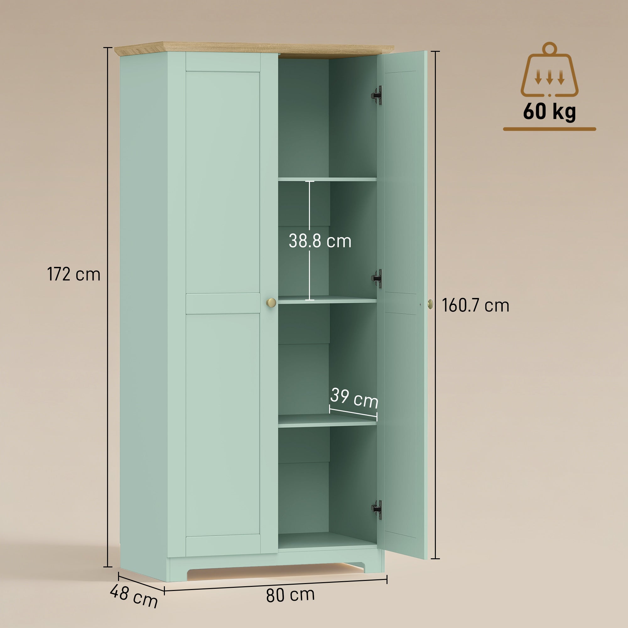 172cm Kitchen Cupboard, Freestanding Storage Cabinet with Doors and Shelves, Modern 2-Door Kitchen Pantry Cupboard for Dining Room, Light Green