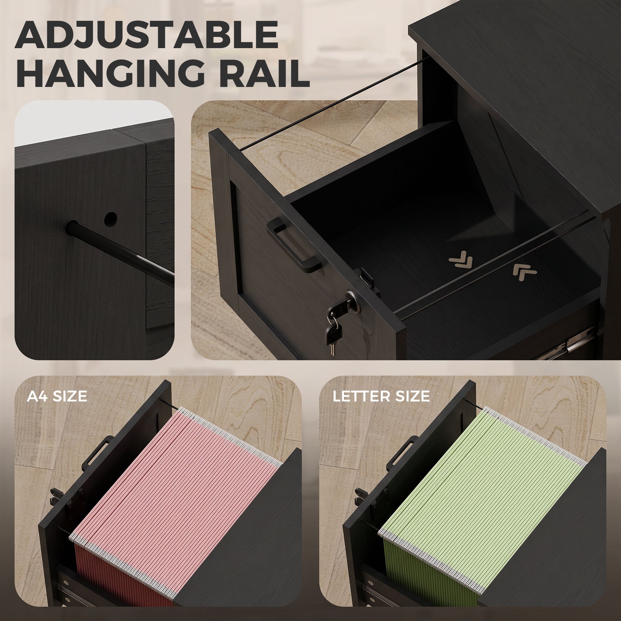 2 Drawer File Cabinet with Lock, Vertical Filing Cabinet with Adjustable Hanging Bars for A4 and Letter Size File Folders, Printer Stand with Storage, Black Wood Effect