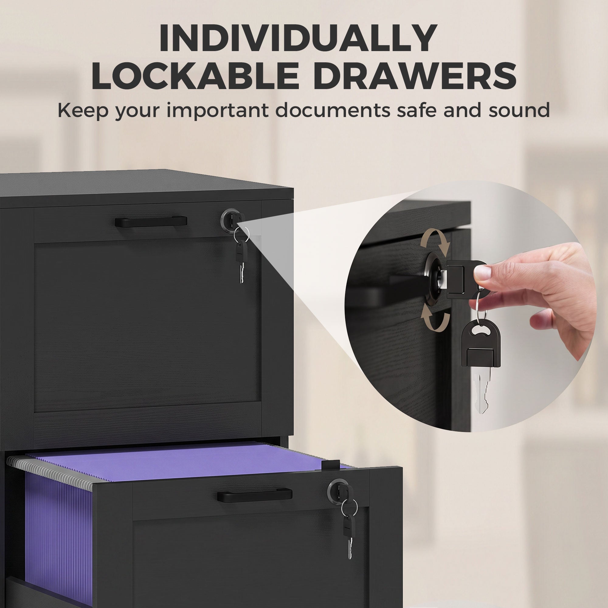 2 Drawer File Cabinet with Lock, Vertical Filing Cabinet with Adjustable Hanging Bars for A4 and Letter Size File Folders, Printer Stand with Storage, Black Wood Effect