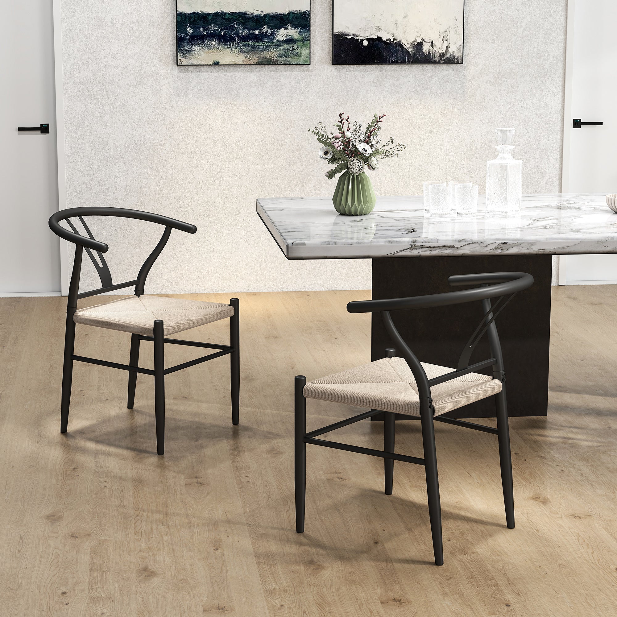 Weave Dining Chairs Set of 2, Mid-Century Modern Metal Kitchen Chairs with Y-Shaped Backrest and Hemp Seat for Dining Room, Living Room, Bedroom, Black