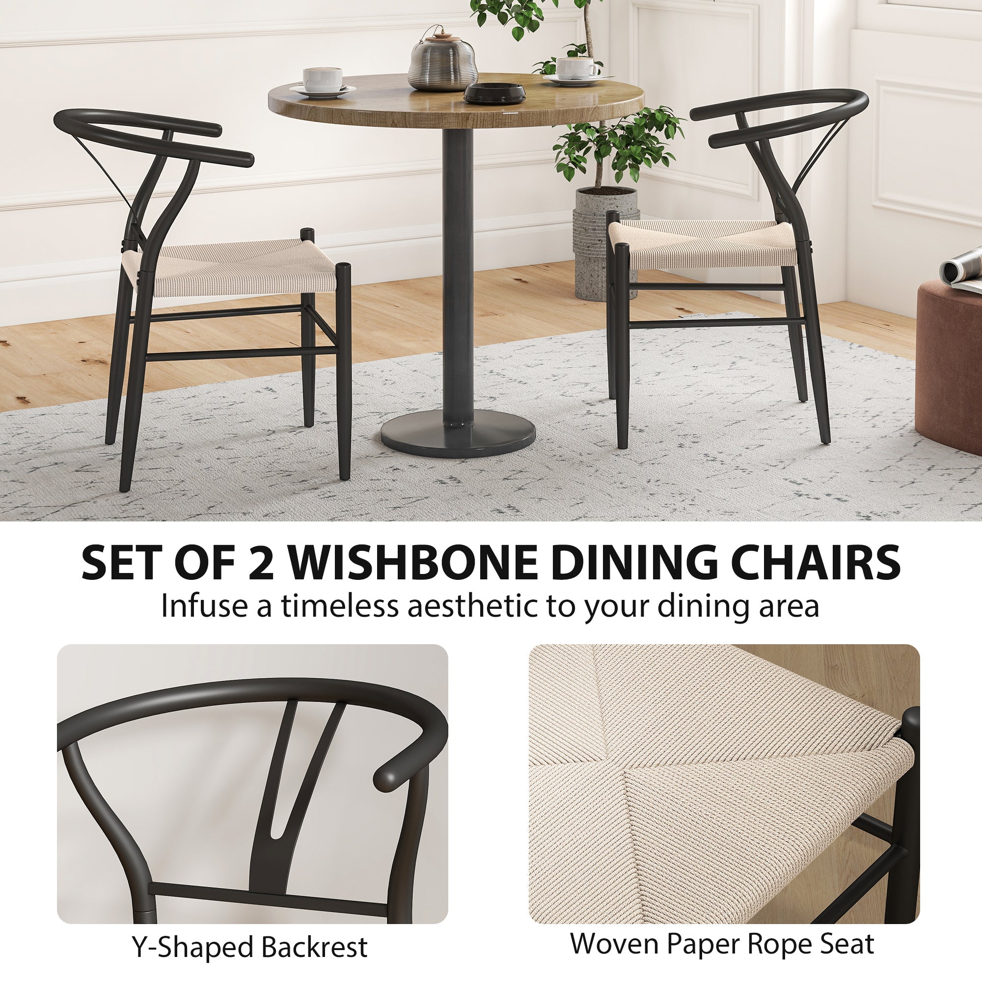 Weave Dining Chairs Set of 2, Mid-Century Modern Metal Kitchen Chairs with Y-Shaped Backrest and Hemp Seat for Dining Room, Living Room, Bedroom, Black