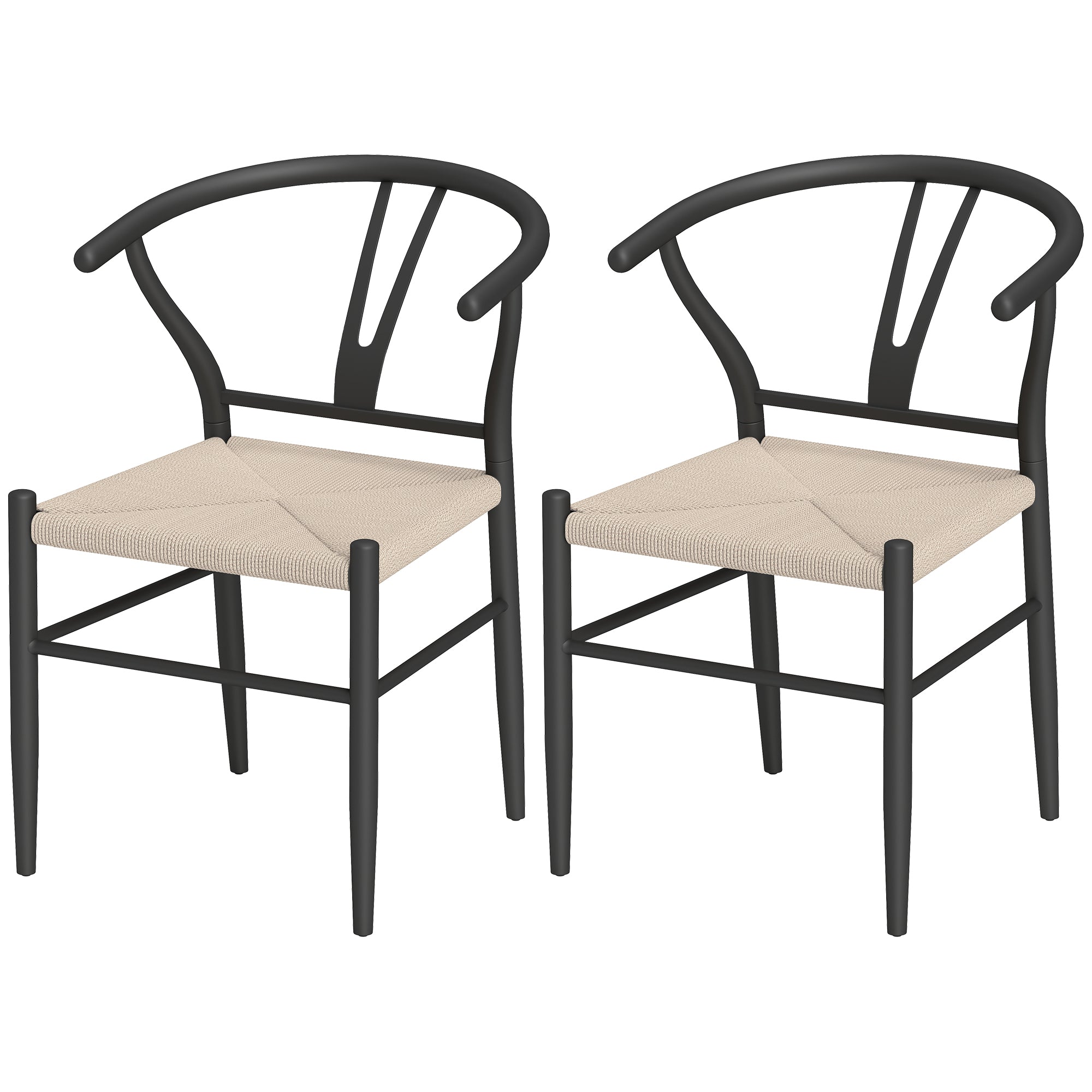 Weave Dining Chairs Set of 2, Mid-Century Modern Metal Kitchen Chairs with Y-Shaped Backrest and Hemp Seat for Dining Room, Living Room, Bedroom, Black