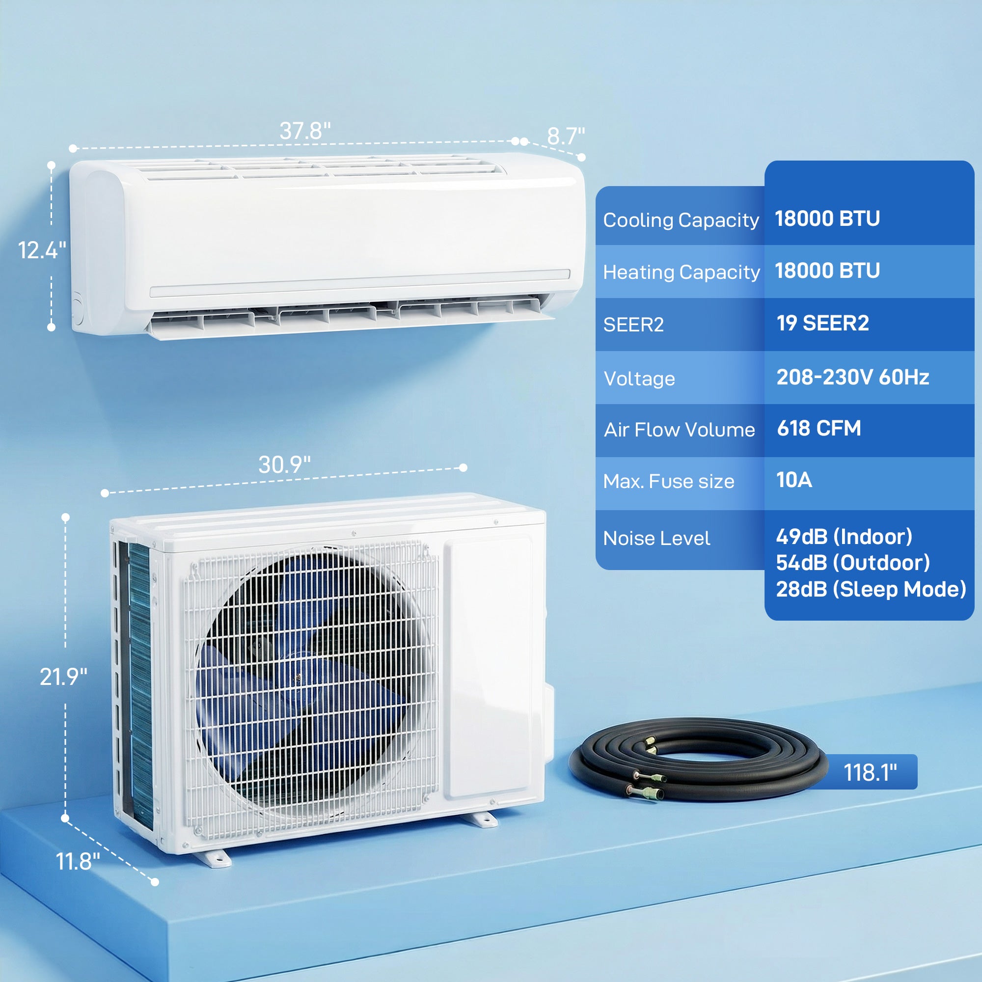 18000 BTU Mini Split Air Conditioner and Heat Pump, 19 SEER2 230V Energy Efficient Ductless Inverter AC Unit Cools up to 1250 Sq.Ft, Complete Installation Kit