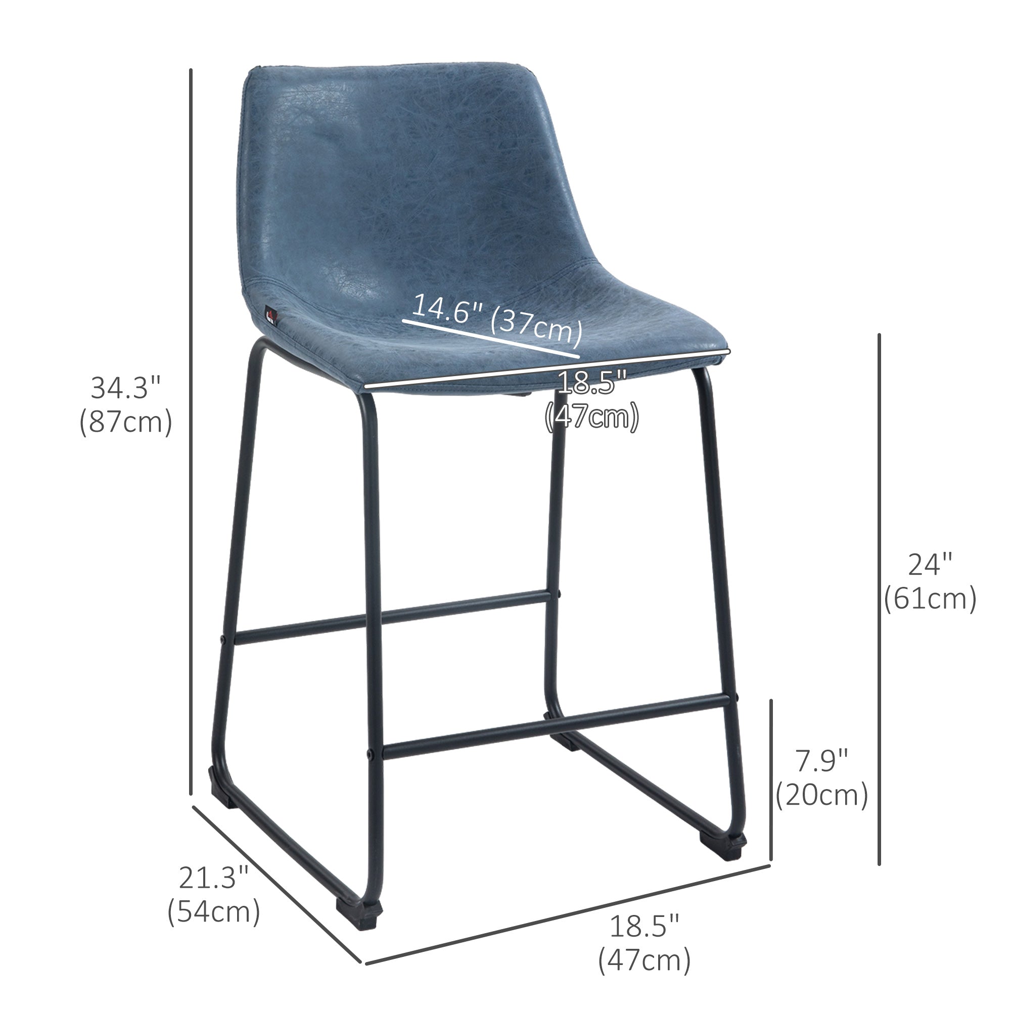 HOMCOM Counter Height Bar Stools Set of 2, Vintage PU Leather Bar Chairs, Kitchen Stools with Footrest for Home Bar, Dark Blue