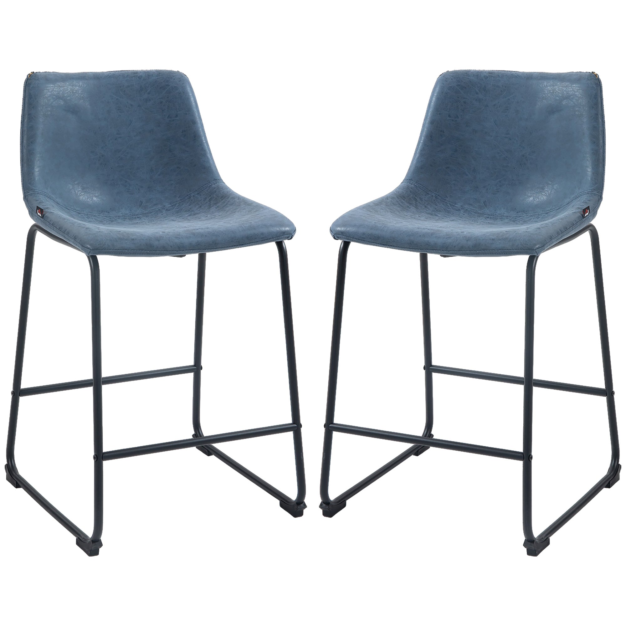 HOMCOM Counter Height Bar Stools Set of 2, Vintage PU Leather Bar Chairs, Kitchen Stools with Footrest for Home Bar, Dark Blue