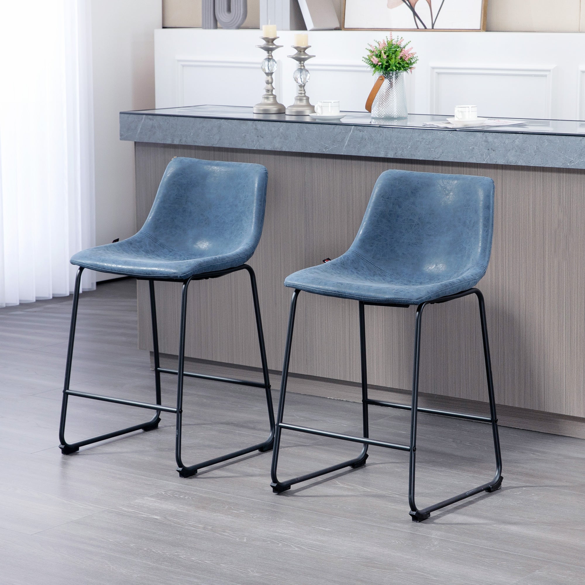 HOMCOM Counter Height Bar Stools Set of 2, Vintage PU Leather Bar Chairs, Kitchen Stools with Footrest for Home Bar, Dark Blue