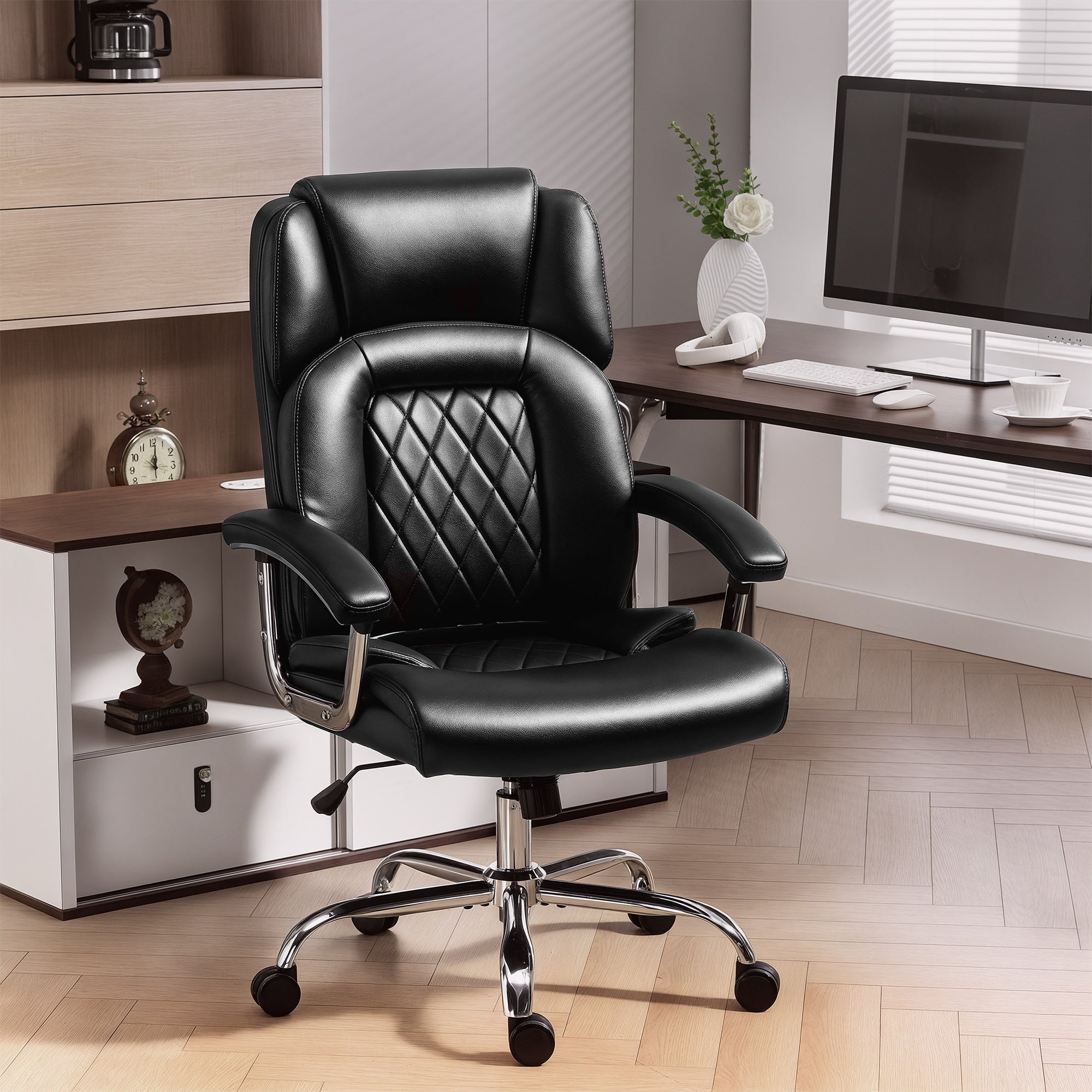 Big and Tall Office Chair 180kg, Executive PU Leather Desk Chair with Spring Cushion, Wide Seat, High Back, Adjustable Height, Swivel Wheels, Built-in Headrest, Tilt Function, Black
