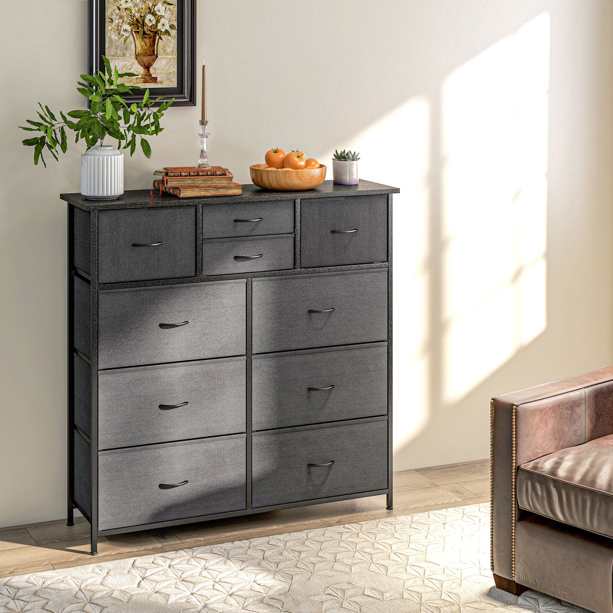 HOMCOM Chest of Drawers for Bedroom, Fabric Dresser, 10 Drawer Storage Organizer Unit with Foldable Drawers and Steel Frame, Black