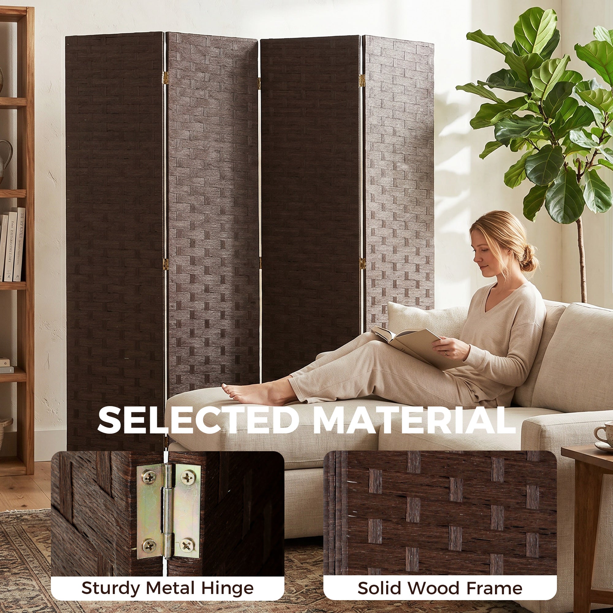 4-Panel Room Dividers, Wave Fibre Freestanding Folding Privacy Screen Panels, Partition Wall Divider for Indoor Bedroom Office, 170 cm, Dark Brown