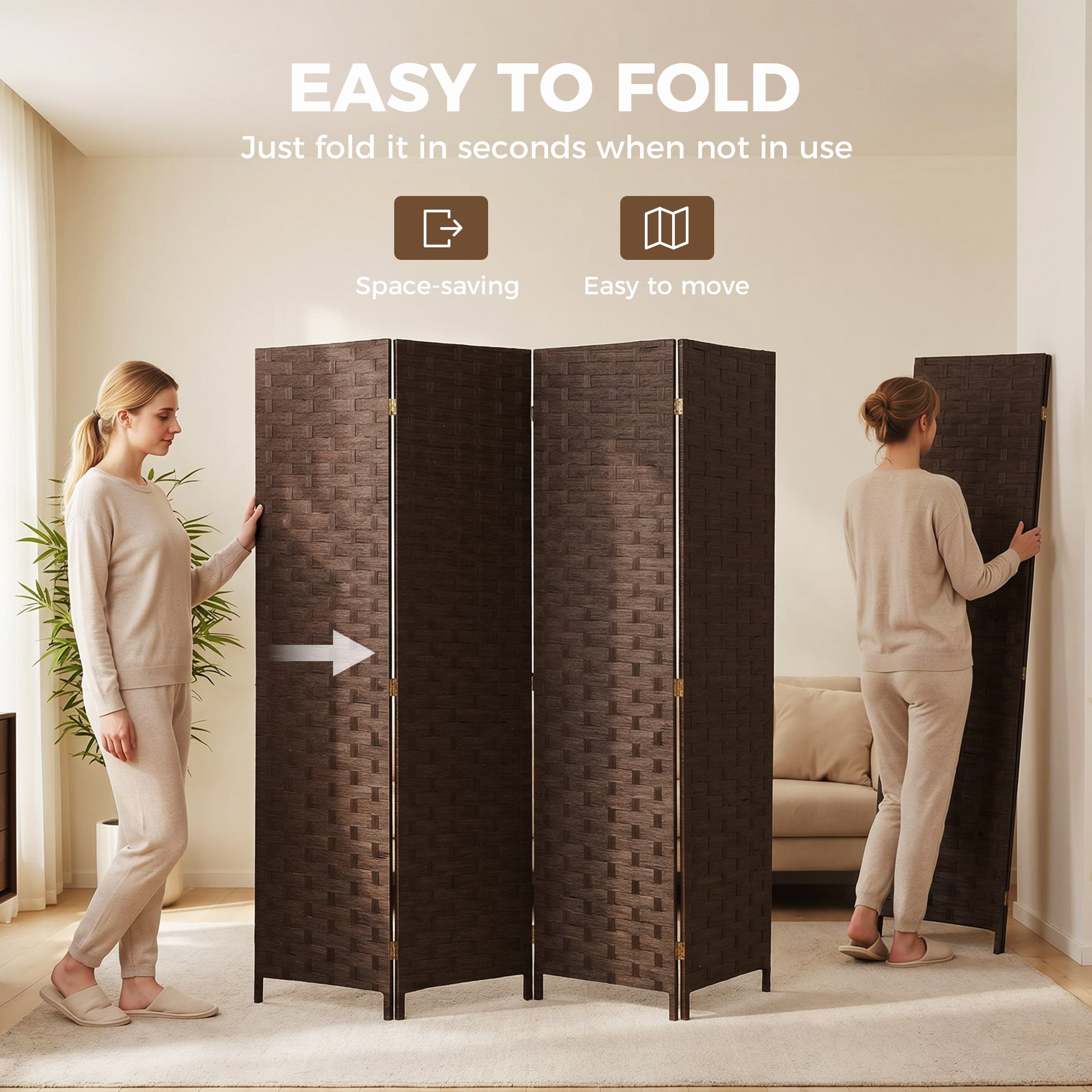 4-Panel Room Dividers, Wave Fibre Freestanding Folding Privacy Screen Panels, Partition Wall Divider for Indoor Bedroom Office, 170 cm, Dark Brown