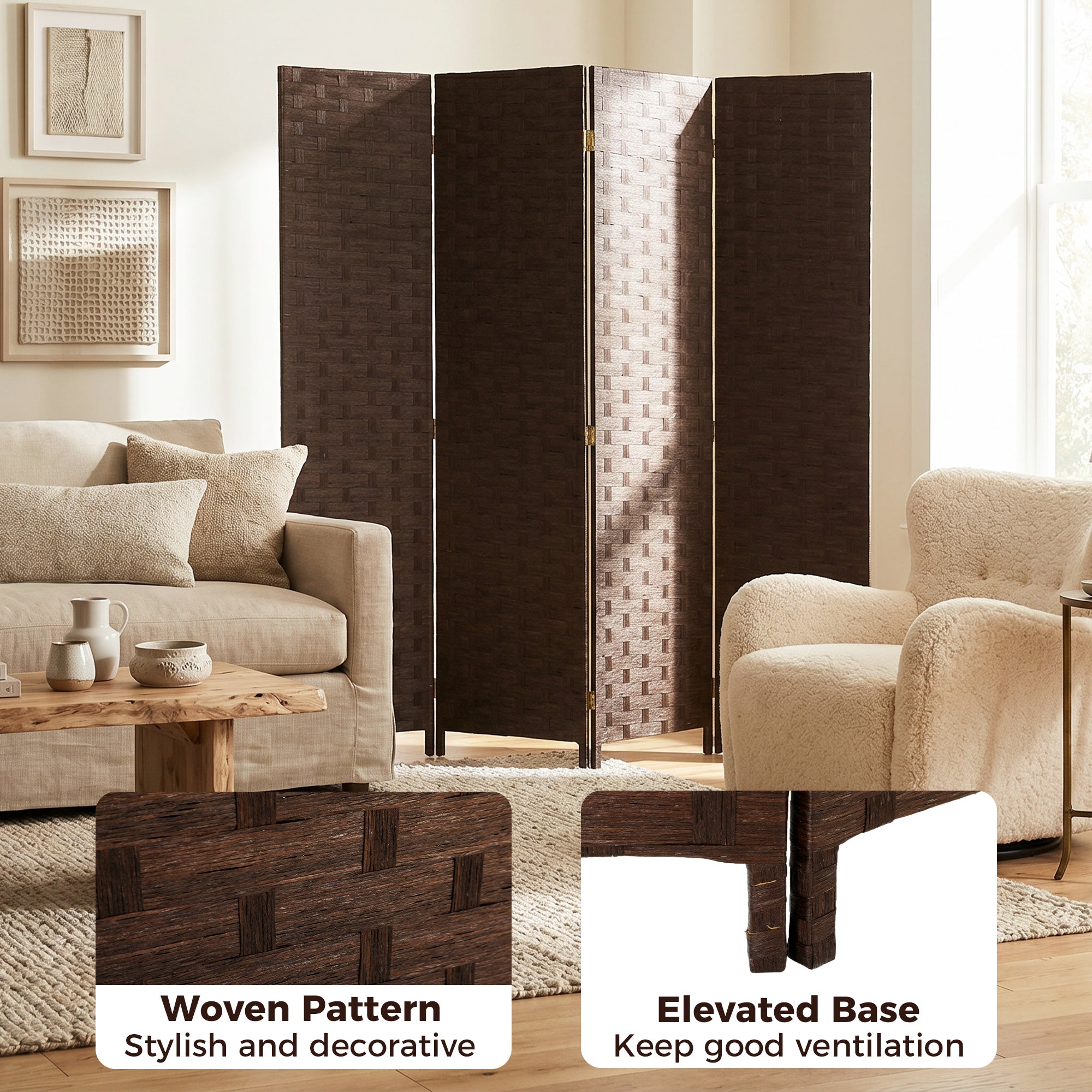 4-Panel Room Dividers, Wave Fibre Freestanding Folding Privacy Screen Panels, Partition Wall Divider for Indoor Bedroom Office, 170 cm, Dark Brown