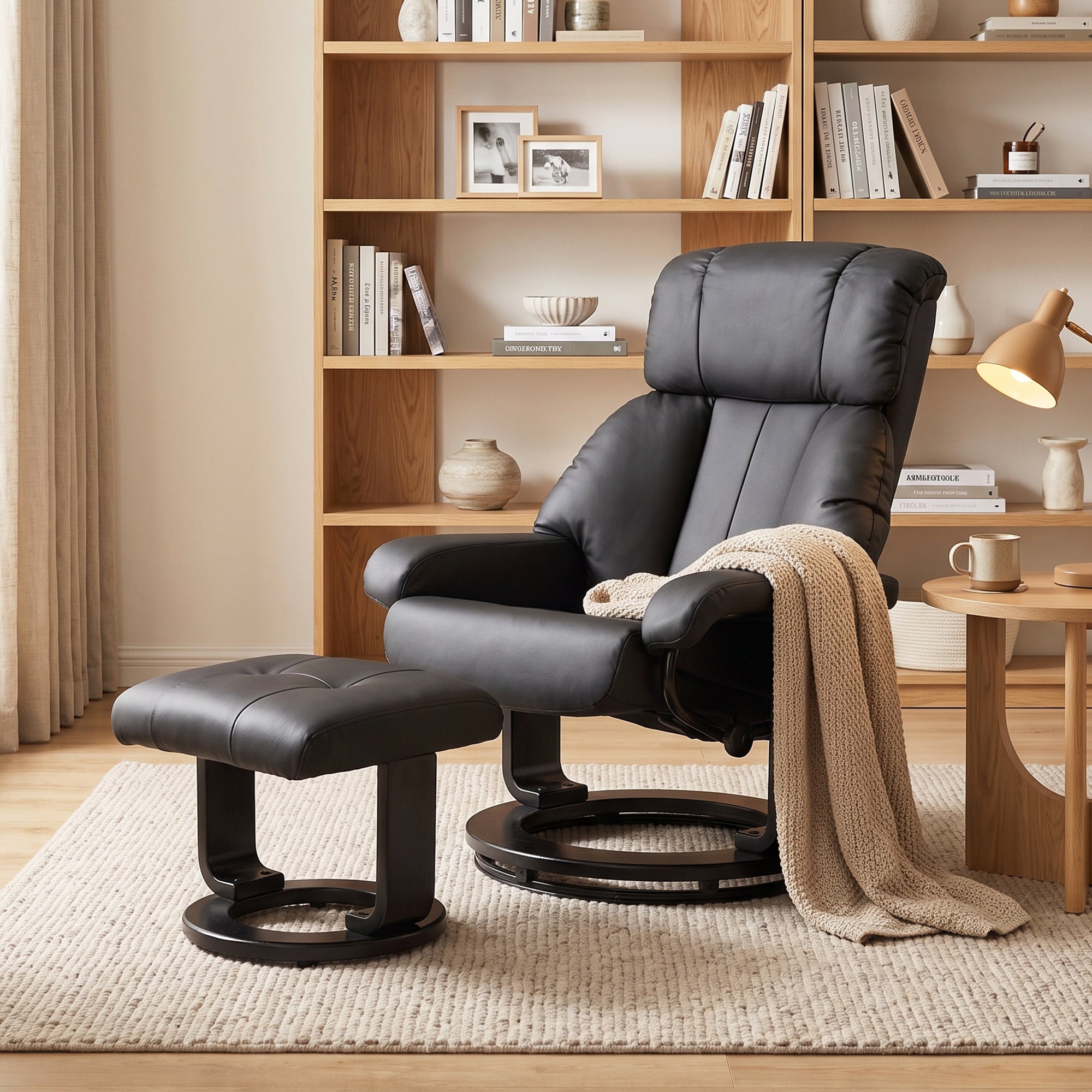 Massage Recliner Chair with Ottoman, 360° Swivel Recliner and Footstool, 10-Point Vibration, PU Leather Reclining Chair with Remote Control, Black