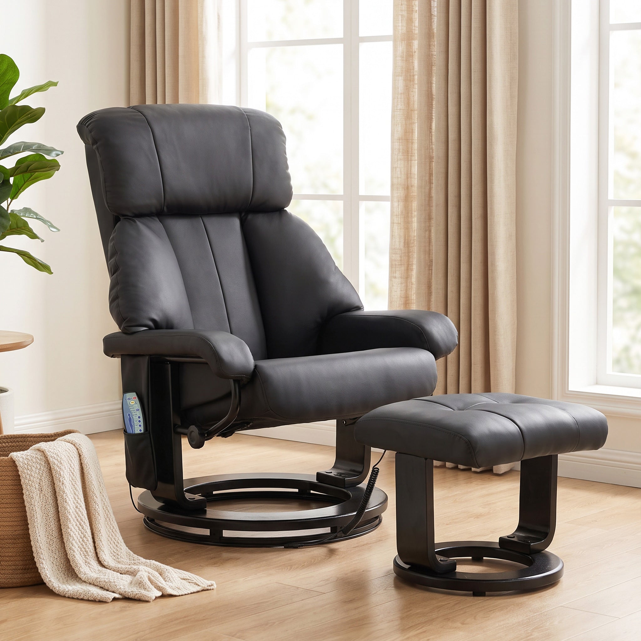 Massage Recliner Chair with Ottoman, 360° Swivel Recliner and Footstool, 10-Point Vibration, PU Leather Reclining Chair with Remote Control, Black