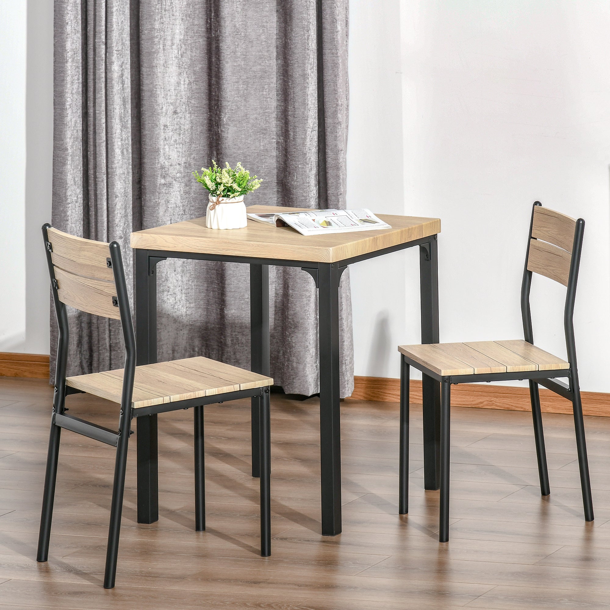 HOMCOM 3 Pieces Compact Dining Table 2 Chairs Set Wooden Metal Legs Bistro cafe Kitchen Breakfast Bar Home Furniture, Light Wood Grain