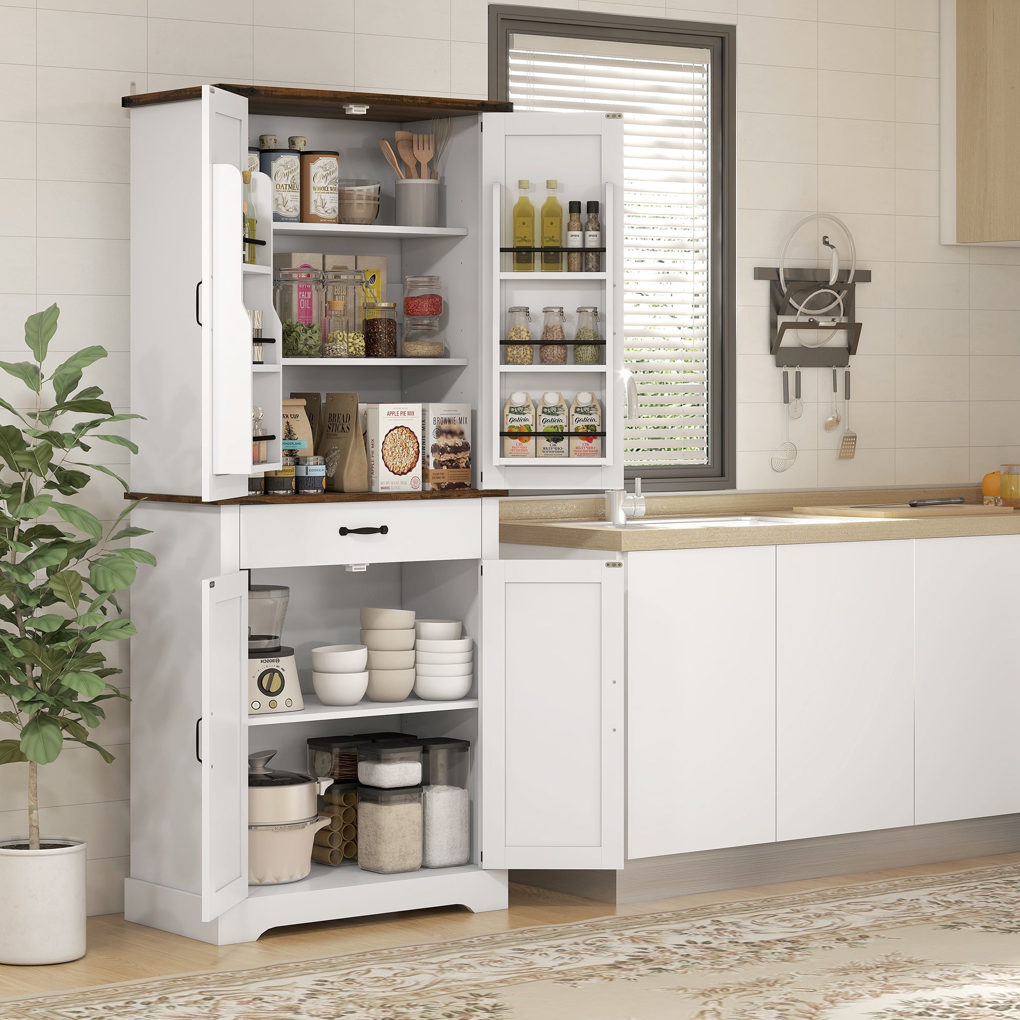 71" Tall Kitchen Cabinet, Farmhouse Pantry Cabinet w/ Barn Doors, 6 Shelves w/ 2 Doors, Drawer and Adjustable Shelves, White - HOMCOM