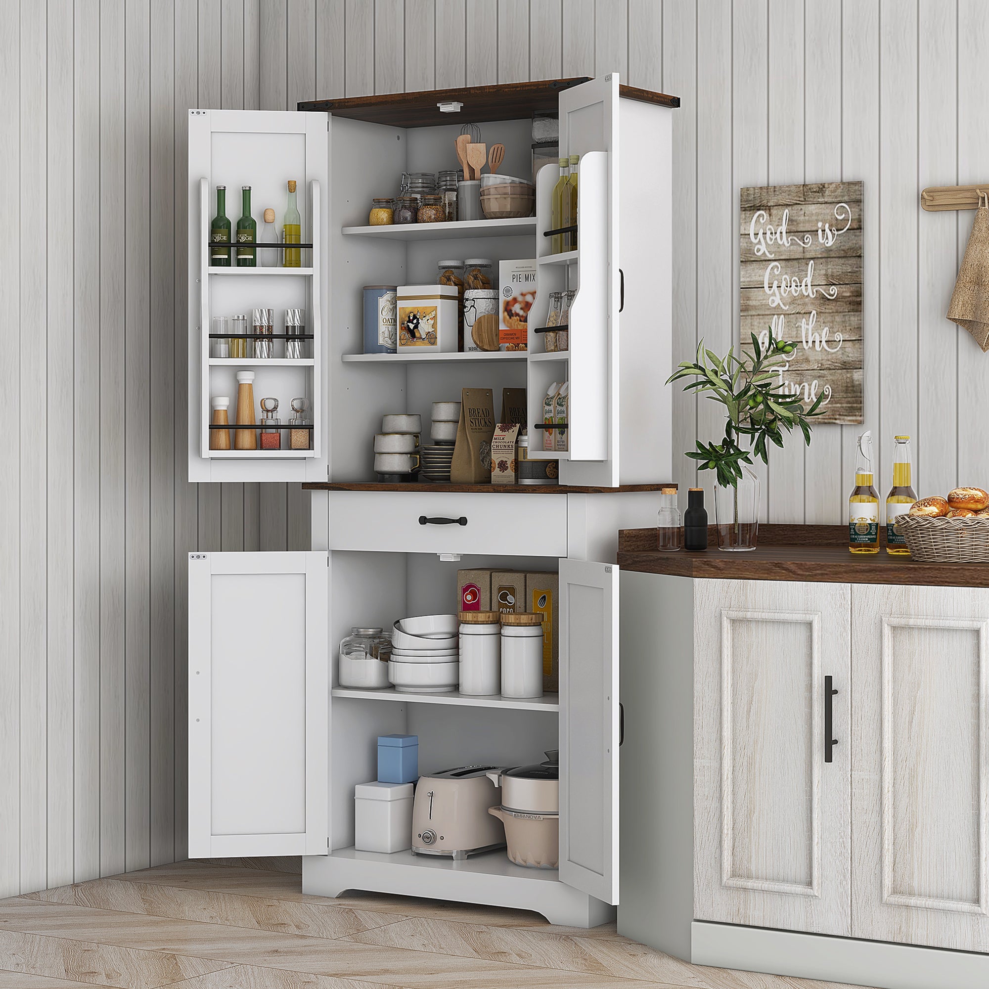 71" Tall Kitchen Cabinet, Farmhouse Pantry Cabinet w/ Barn Doors, 6 Shelves w/ 2 Doors, Drawer and Adjustable Shelves, White - HOMCOM