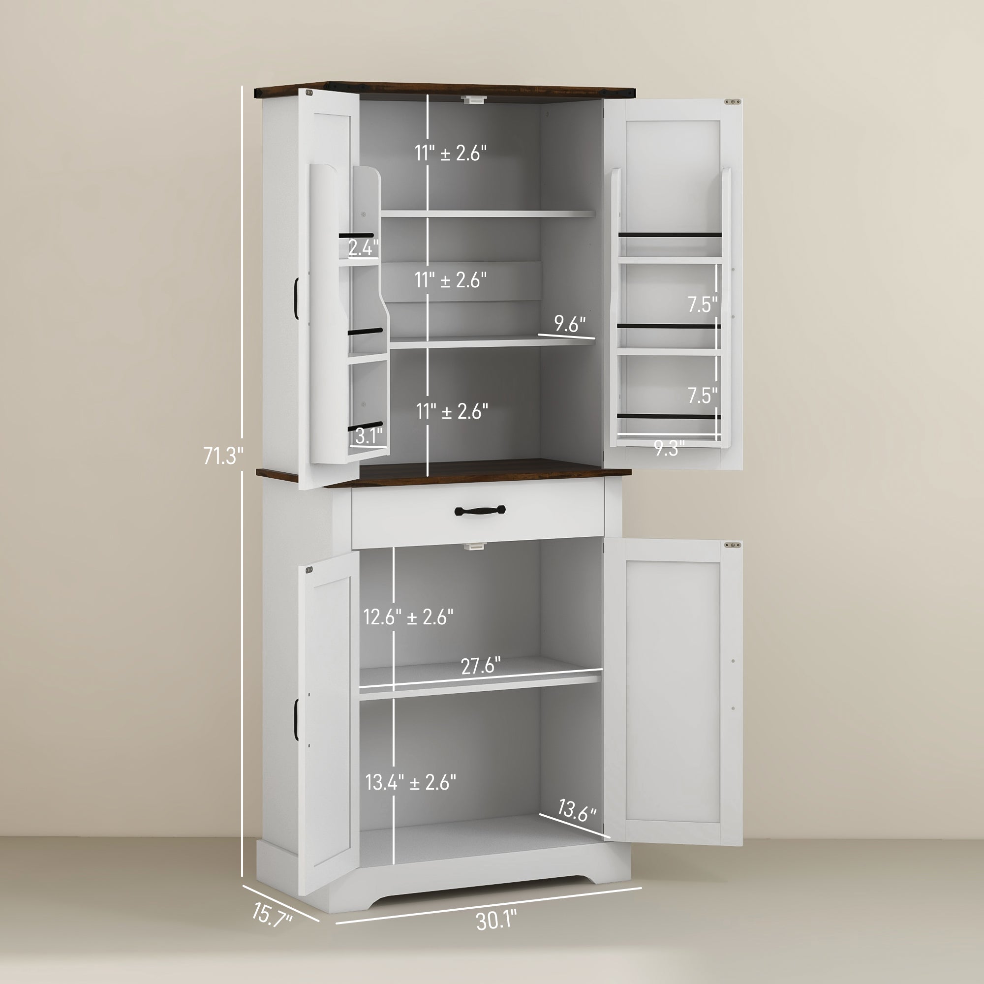 71" Tall Kitchen Cabinet, Farmhouse Pantry Cabinet w/ Barn Doors, 6 Shelves w/ 2 Doors, Drawer and Adjustable Shelves, White - HOMCOM