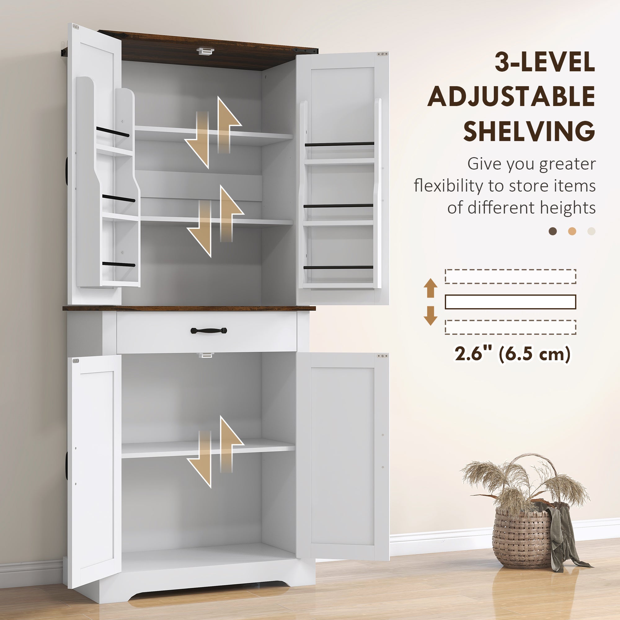 71" Tall Kitchen Cabinet, Farmhouse Pantry Cabinet w/ Barn Doors, 6 Shelves w/ 2 Doors, Drawer and Adjustable Shelves, White - HOMCOM