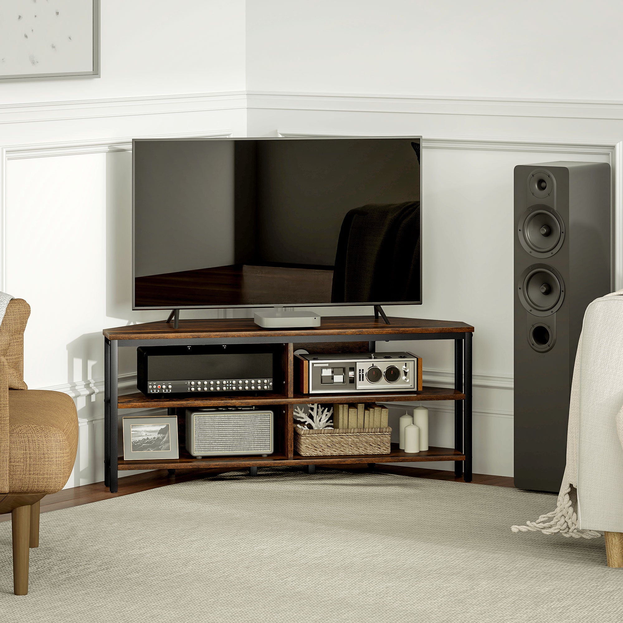 HOMCOM Corner TV Stand Cabinet, TV Unit for TVs up to 50", TV Cabinet with Storage Shelves and Cable Holes for Living Room, Bedroom, Rustic Brown