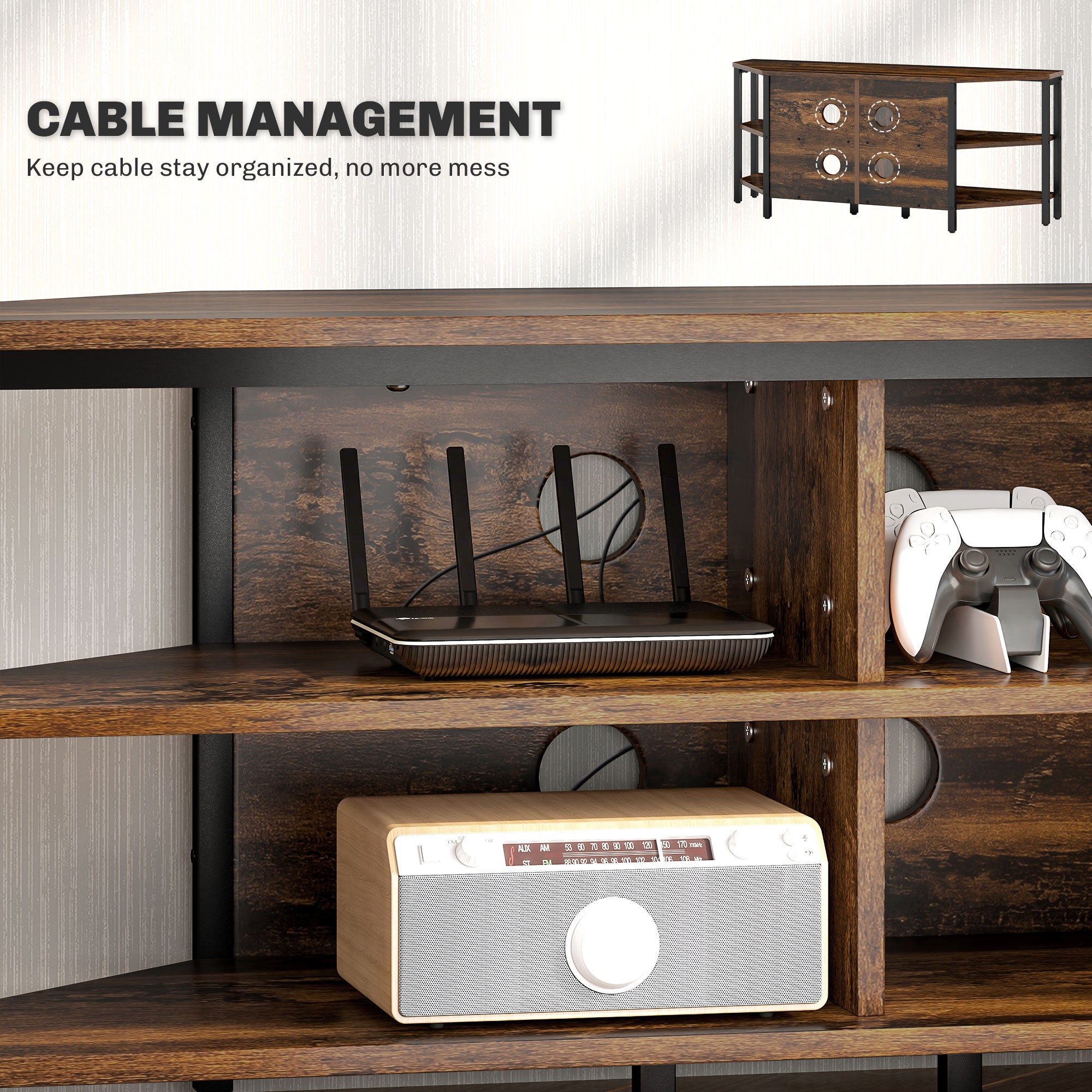 HOMCOM Corner TV Stand Cabinet, TV Unit for TVs up to 50", TV Cabinet with Storage Shelves and Cable Holes for Living Room, Bedroom, Rustic Brown