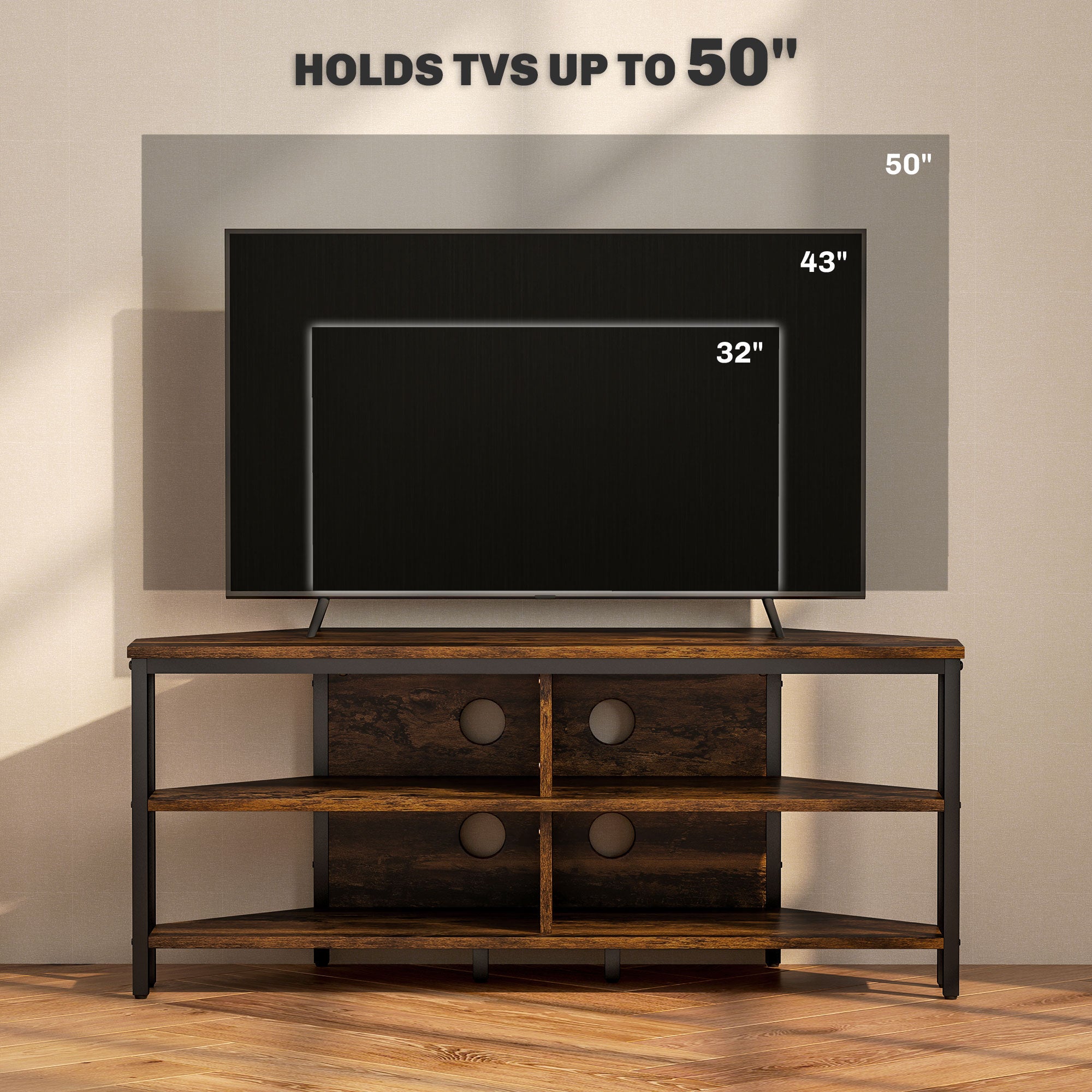 HOMCOM Corner TV Stand Cabinet, TV Unit for TVs up to 50", TV Cabinet with Storage Shelves and Cable Holes for Living Room, Bedroom, Rustic Brown