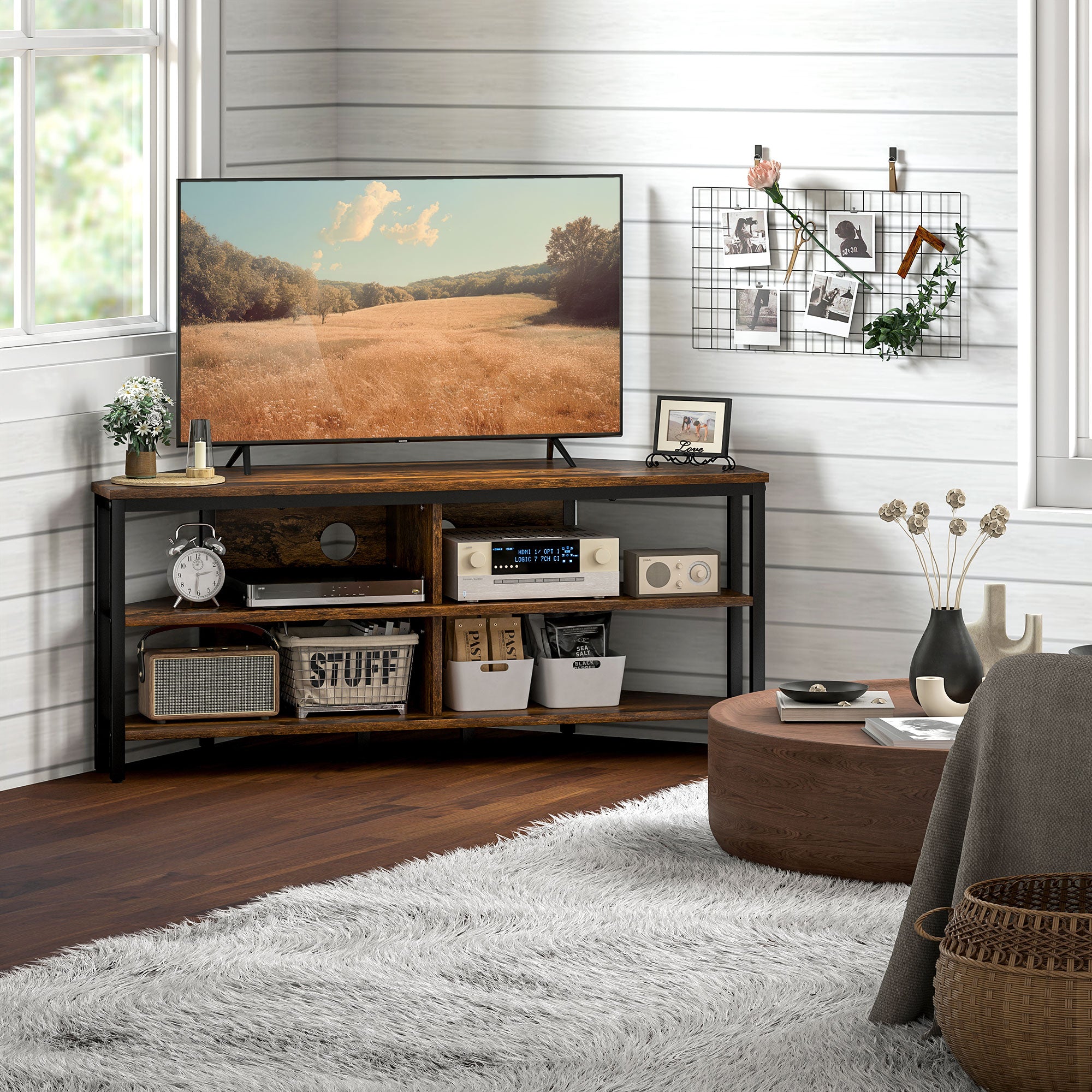 HOMCOM Corner TV Stand Cabinet, TV Unit for TVs up to 50", TV Cabinet with Storage Shelves and Cable Holes for Living Room, Bedroom, Rustic Brown