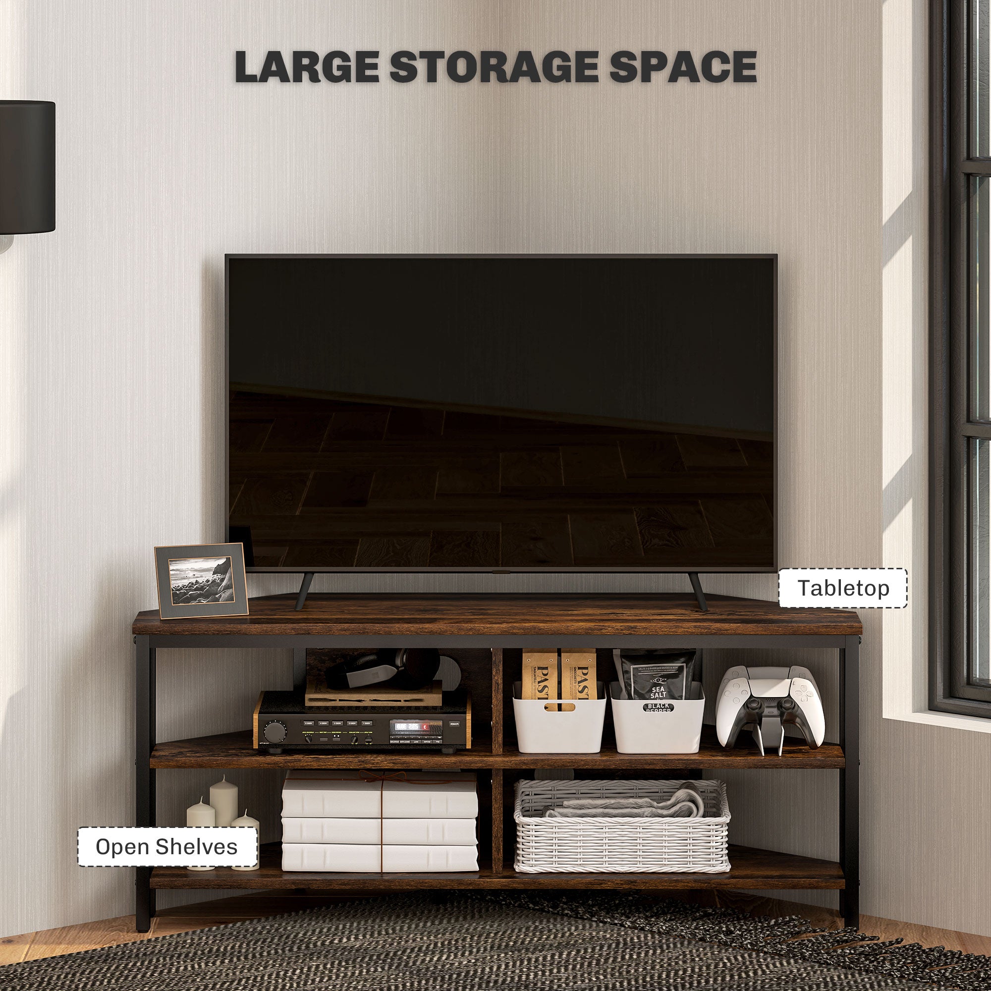 HOMCOM Corner TV Stand Cabinet, TV Unit for TVs up to 50", TV Cabinet with Storage Shelves and Cable Holes for Living Room, Bedroom, Rustic Brown