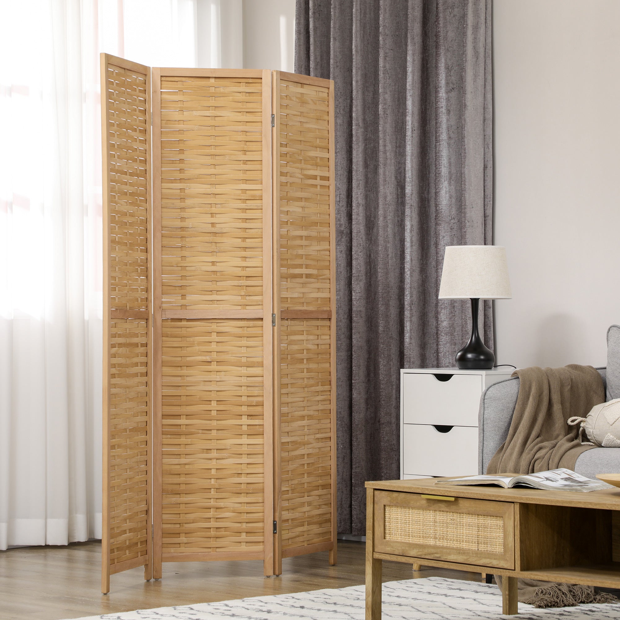 3 Panel Hand Woven Room Divider, Bamboo Folding Privacy Screen, 47.25"x67"x0.75"