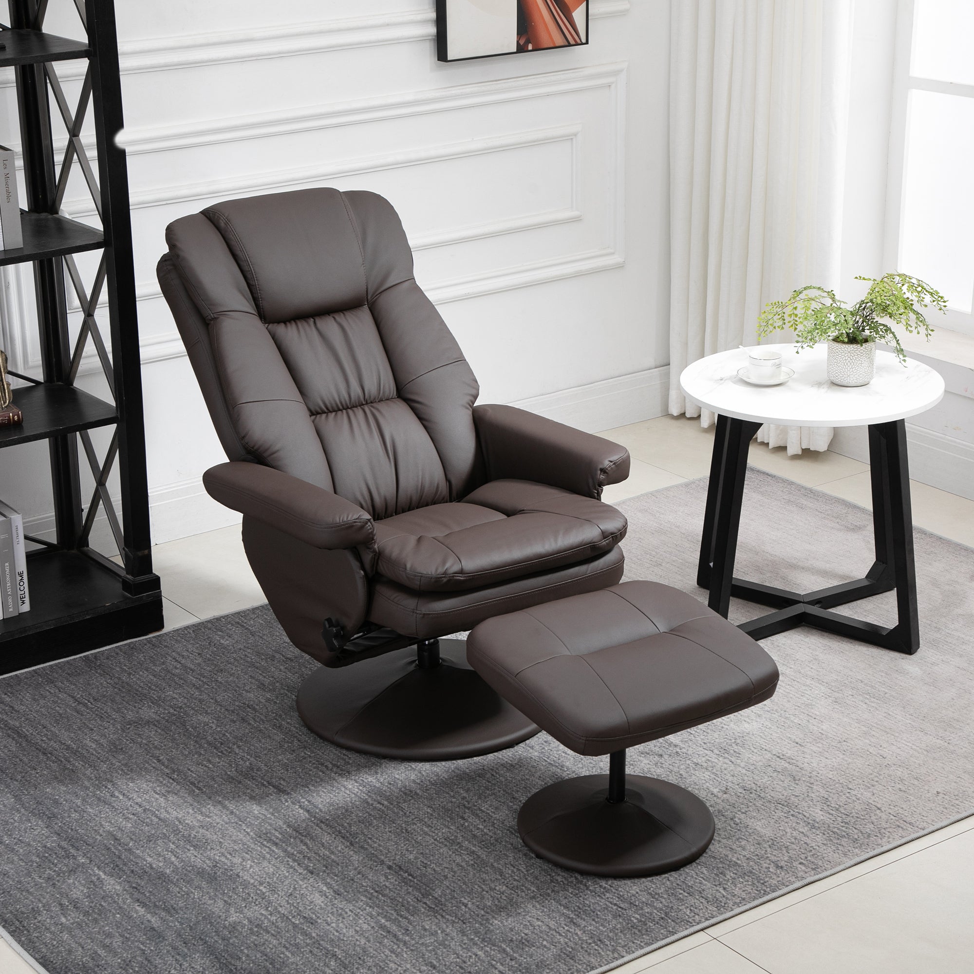PU Leather Recliner Chair w/ Ottoman, Swivel Recliner w/ Round Wrapped Base, Brown